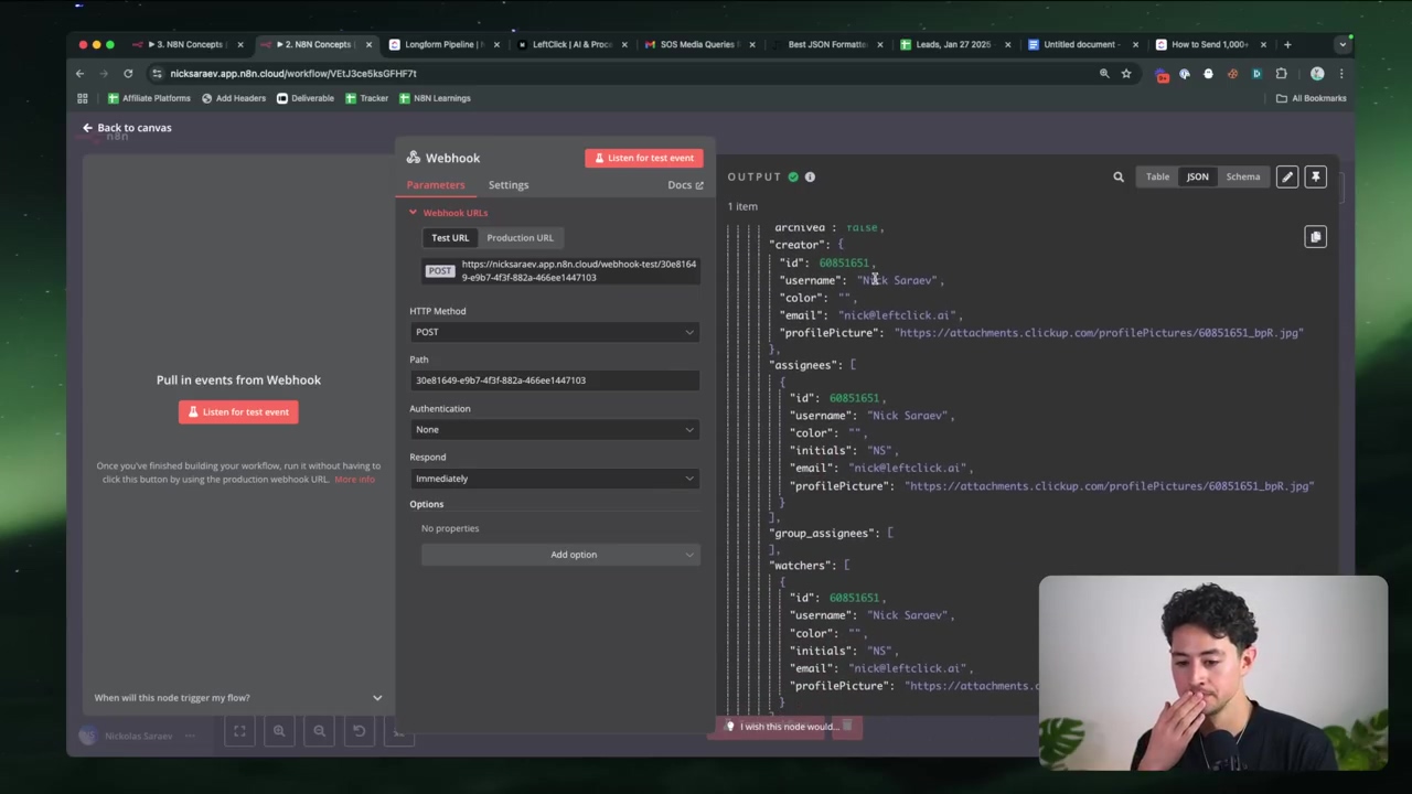 The image displays the n8n workflow editor interface, specifically focusing on a 'Webhook' node configuration and its JSON output. On the left, the 'Webhook' node's parameters are visible, including 'Parameters', 'Settings', and 'Docs'. Below this, 'Webhook URLs' are shown with 'Test URL' and 'Production URL' fields. The 'HTTP Method' is set to 'POST', and a 'Path' field is present. An 'Authentication' dropdown is set to 'None', and 'Respond' is set to 'Immediately'. On the right, a large 'OUTPUT' panel shows a JSON structure with data related to a '1 item' entry, containing fields like 'creator', 'id', 'username', 'email', 'profilePicture', and 'assignees'. The JSON output shows details for 'Nick Saraev'. At the bottom left, a 'Listen for test event' button is prominent. The overall interface is dark-themed, and a person is visible in the bottom right corner, partially obscuring the JSON output.