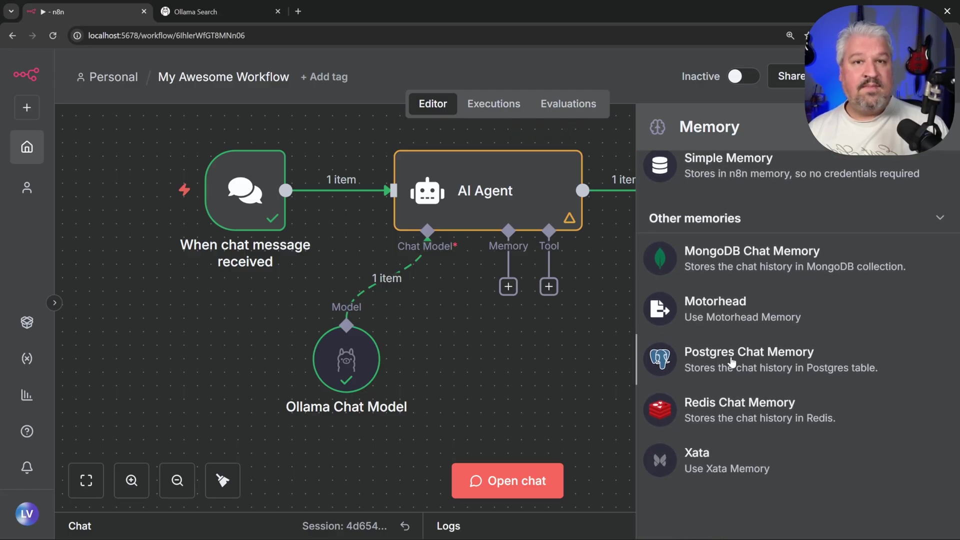 n8n workflow showing memory options for chat memory, includi