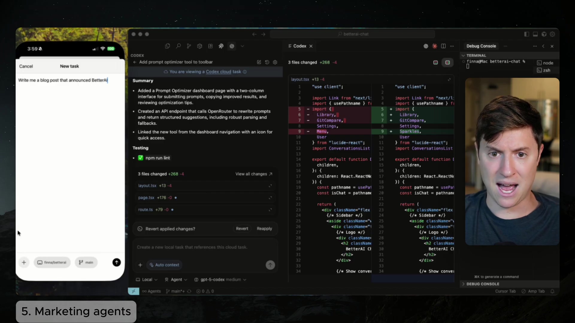 IDE Codex pane with changes and terminal