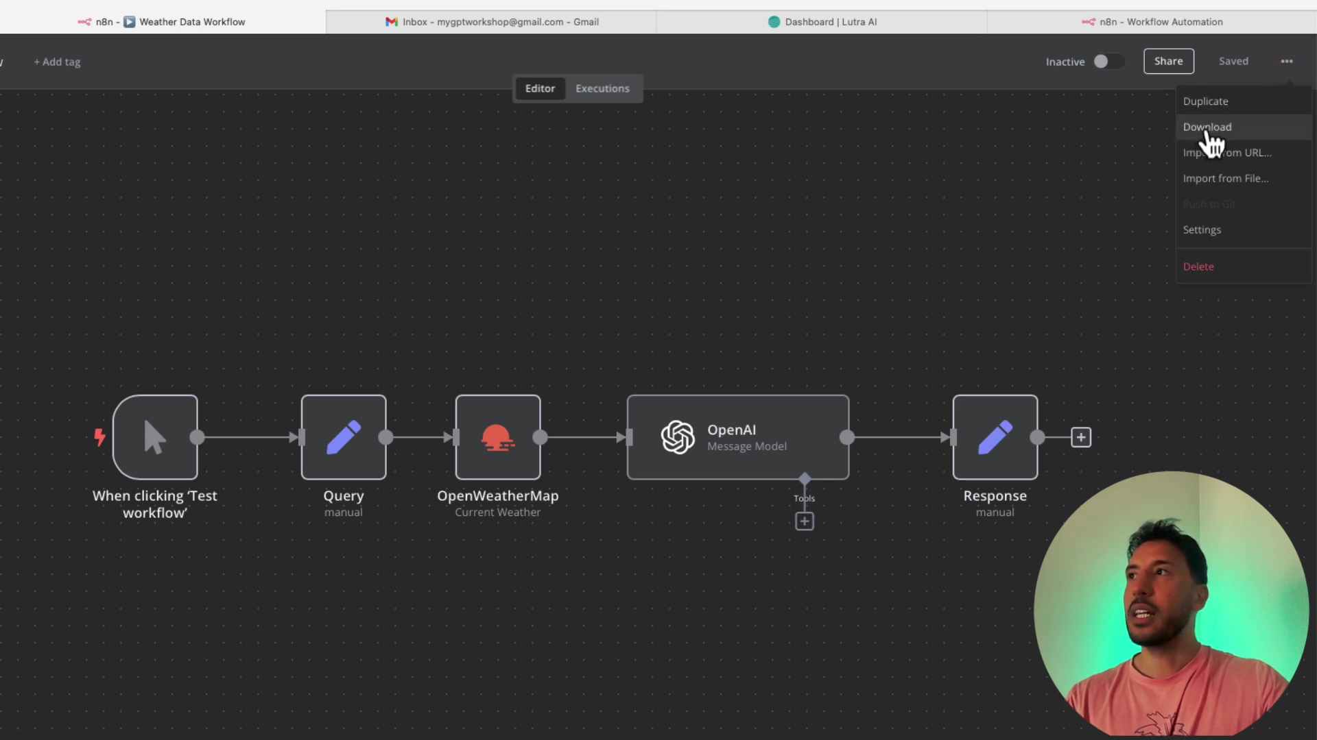 n8n workflow editor with a weather data workflow