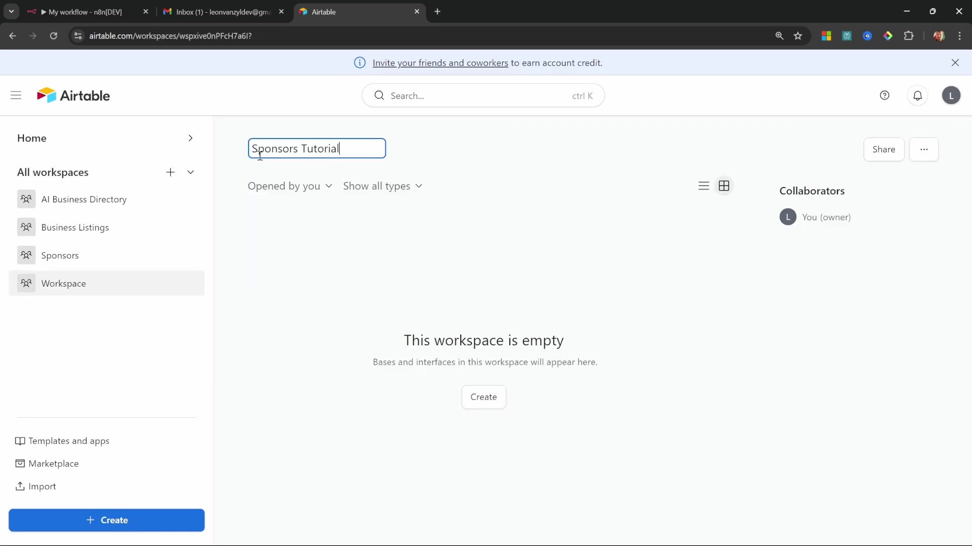 Airtable workspace creation for sponsors tutorial