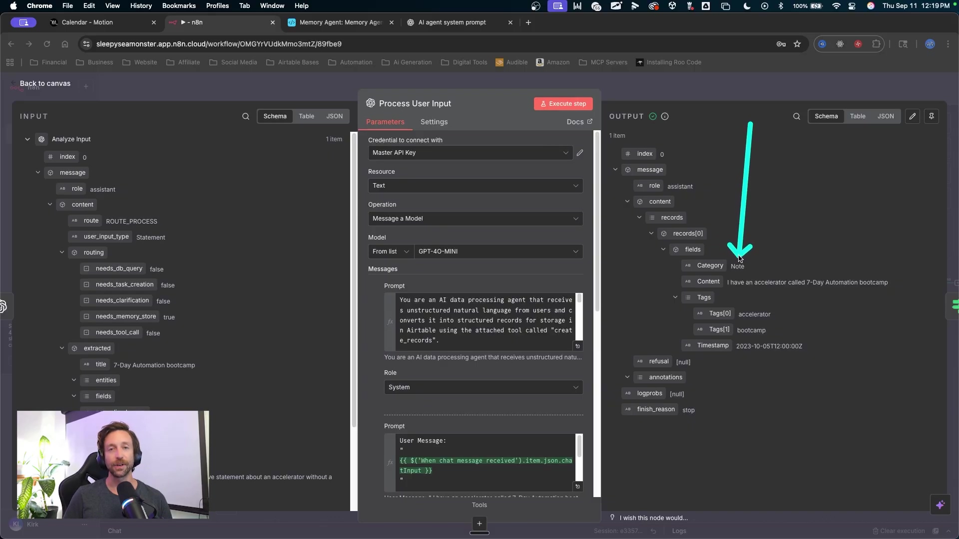 The image shows a split-screen view of a web-based automation workflow builder on the left and a detailed configuration panel on the right. The workflow builder displays interconnected nodes, with a bright blue arrow pointing to a specific node labeled 'Process User Input'. The right panel, which is in focus, shows the 'Parameters' tab for this node, detailing settings for 'Resource', 'Text', 'Operation', 'Model', 'Messages', and 'Prompt'. The 'Model' is set to 'GPT-4O-MINI'. A large text area contains a prompt for an AI data processing agent. Below the main interface, a man with a beard is visible in a video call overlay, looking at the screen and talking. The overall color scheme is dark gray and black with white text and colorful node connections.
