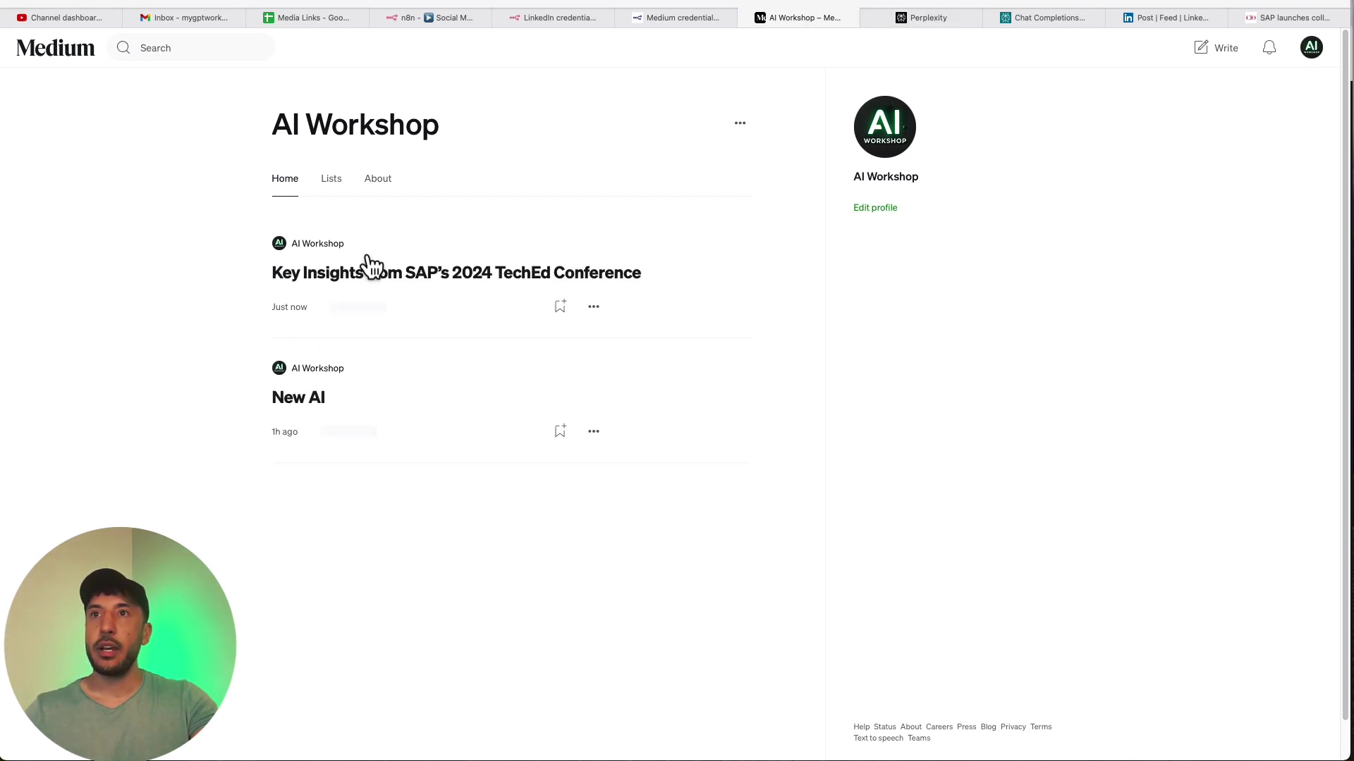 The image displays a Medium.com profile page for 'AI Workshop'. The main content area shows two posts: 'Key Insights from SAP's 2024 TechEd Conference' published 'Just now', and 'New AI' published '1h ago'. The top navigation bar includes search, write, and user profile icons. On the right sidebar, there's a smaller profile card for 'AI Workshop' with an 'Edit profile' button. The bottom right corner shows 'Help', 'Status', 'About', 'Careers', 'Press', 'Blog', 'Privacy', 'Terms', 'Text to speech', and 'Teams'. A person is visible in the bottom left corner of the screen, looking at the display.