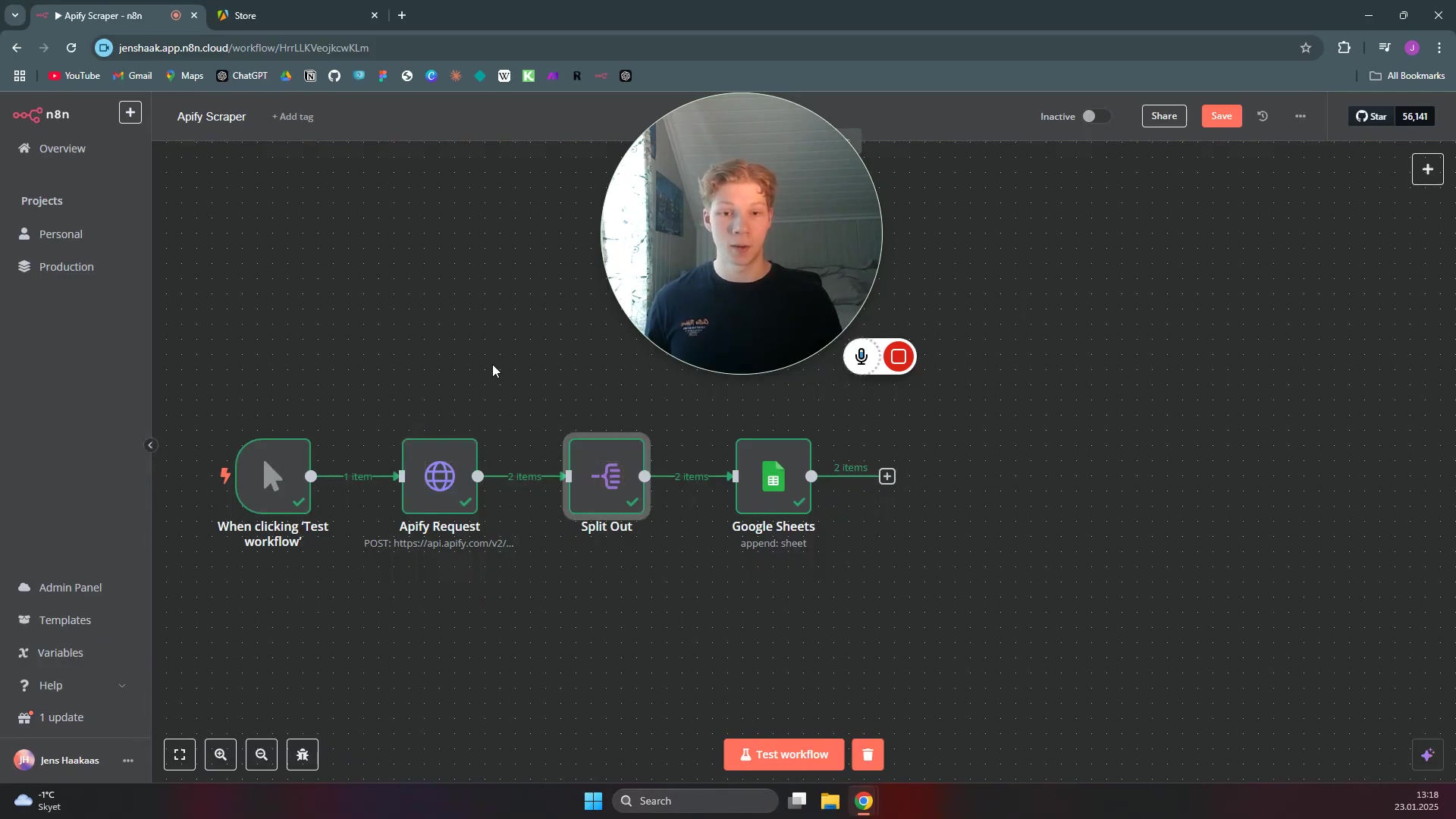 The image displays an N8N workflow interface in dark mode. A male speaker is visible in a circular webcam overlay in the upper right quadrant. The workflow shows a sequence of four connected nodes: 'When clicking Test workflow', 'Apify Request', 'Split Out', and 'Google Sheets'. The 'Apify Request' node has a URL partially visible: 'POST https://api.apify.com/v2/...'. Above the workflow, there are options for 'Inactive', 'Share', 'Save', and a star icon with '56,141'. On the left, a sidebar contains navigation items like 'Overview', 'Projects', 'Admin Panel', 'Templates', and 'Variables'. At the bottom, a 'Test workflow' button is prominent. The top bar shows browser tabs including 'Apify Scraper - n8n' and 'Store', along with various browser extensions.