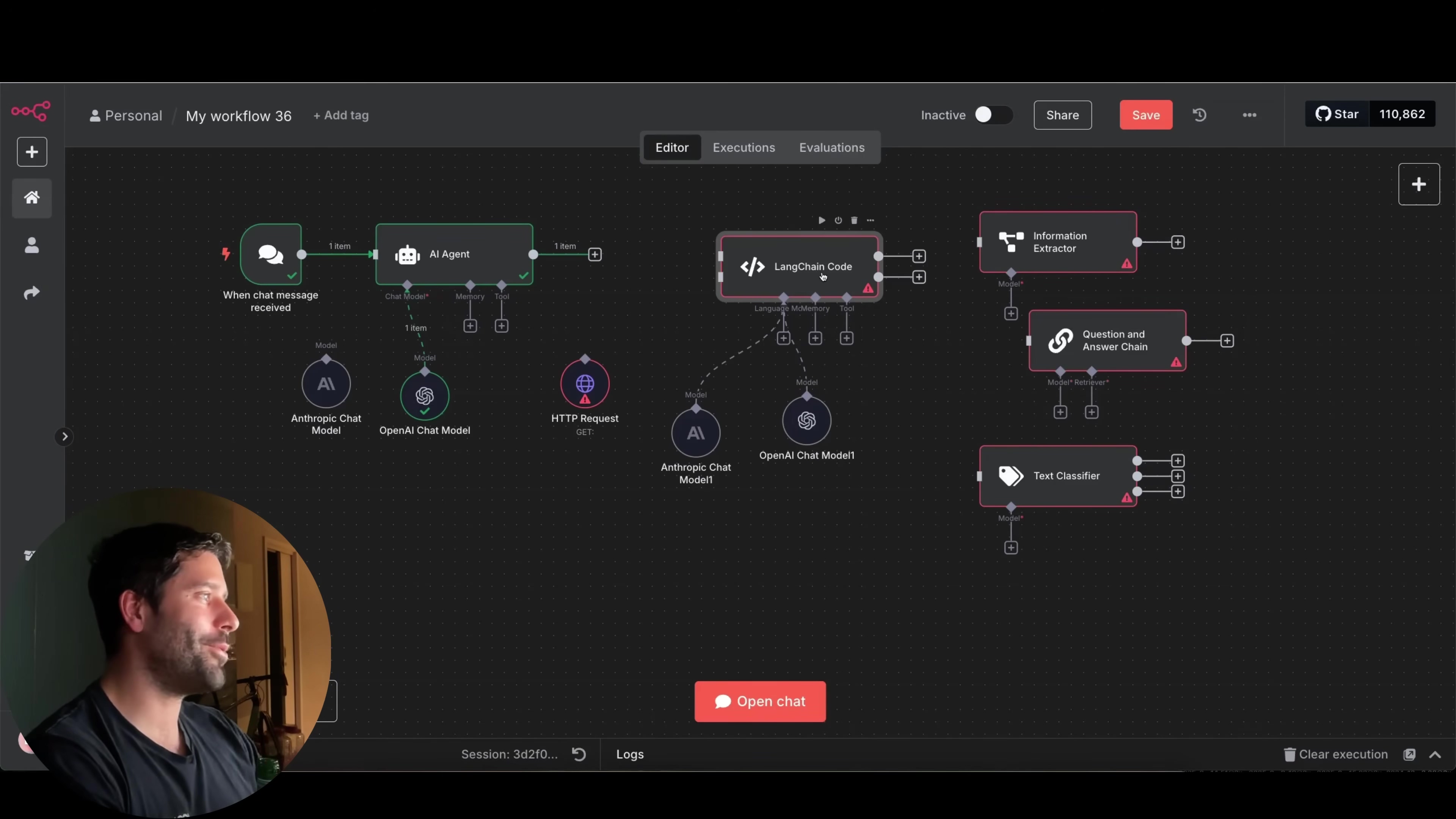 The image displays a dark-themed software interface, identical to the previous image, showing a workflow or node-based programming environment. The same person is visible in the foreground, partially obscuring the left side of the interface, looking towards the right. The key difference in this image is the addition of a 'When chat message received' node at the beginning of the workflow, connected to the 'AI Agent' node. The 'LangChain Code' node is prominently featured in the center, connected to 'Anthropic Chat Model' and 'OpenAI Chat Model'. Other nodes include 'Information Extractor', 'Question and Answer Chain', and 'Text Classifier'. The top navigation bar remains the same with 'Personal', 'My workflow 36', '+ Add tag', 'Editor', 'Executions', 'Evaluations', 'Inactive' toggle, 'Share', 'Save', and a 'Star' icon with '110,862'. A red 'Open chat' button is at the bottom center. The overall layout indicates a visual programming tool for building AI agents.