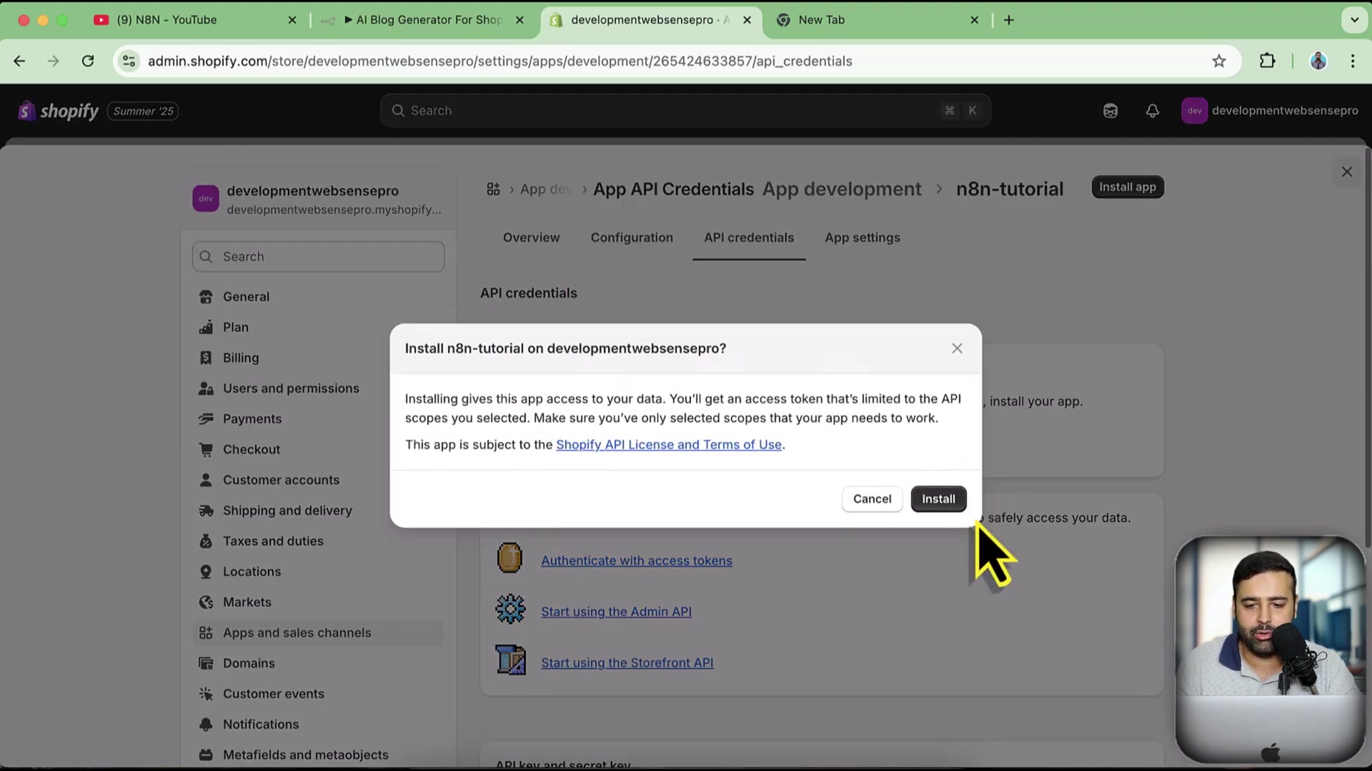 Shopify custom app installation confirmation dialog