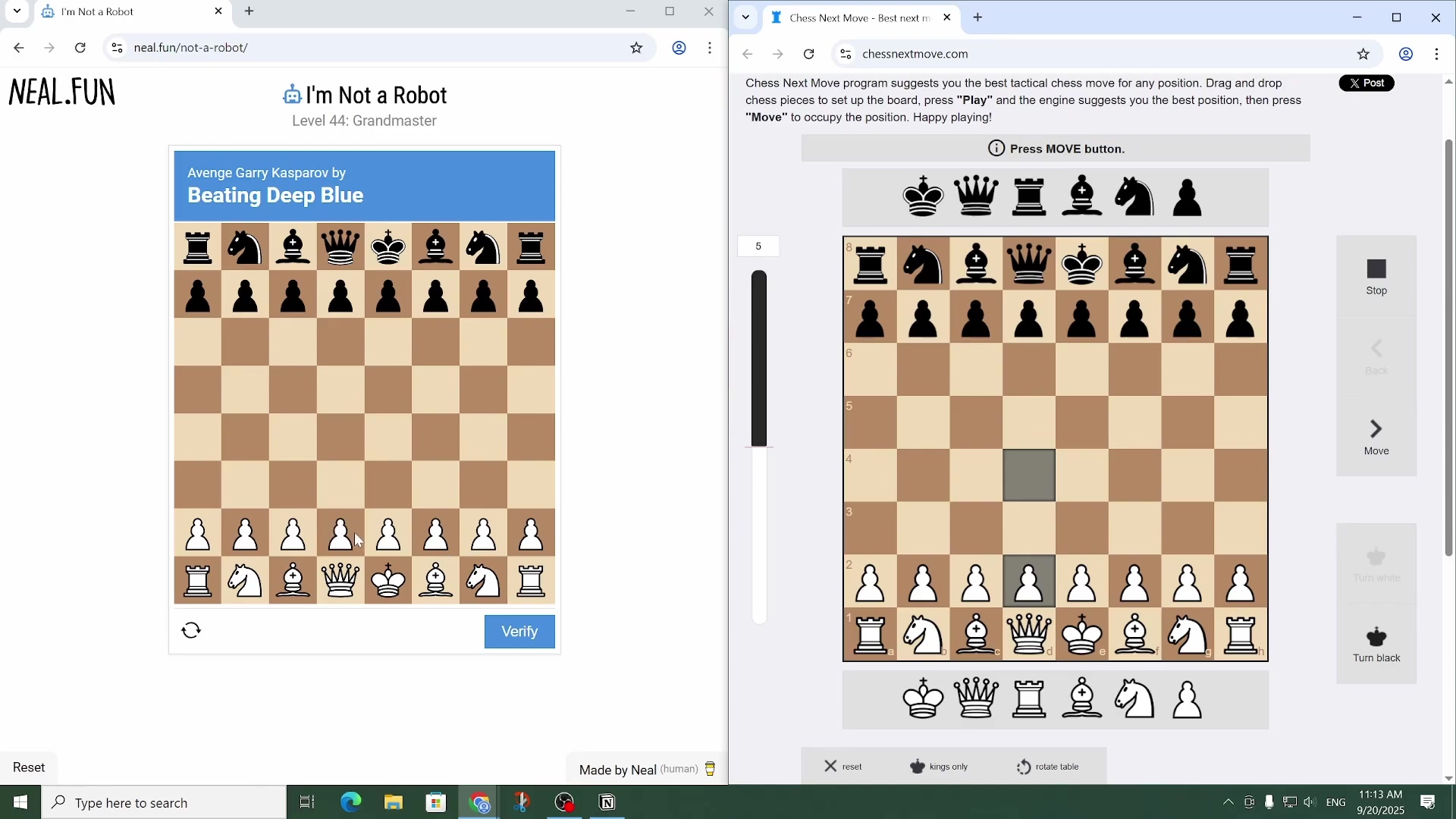 Split-screen view of I'm Not a Robot and Chessnextmove.com i