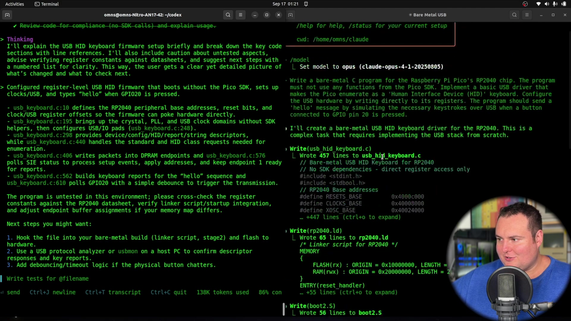 Terminal output of Codex and a person speaking about Raspber