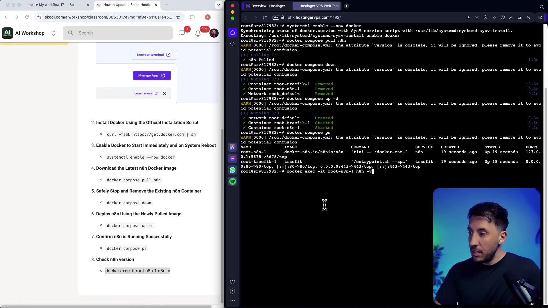 The image shows a split screen, with a web page on the left providing instructions for updating n8n, and a terminal window on the right displaying command-line output. The terminal shows the execution of 'docker compose ps' which lists running Docker containers, including 'root-n8n-1' and 'root-trafik-1', along with their status and ports. Below this, a command 'docker exec -it root-n8n-1 n8n -v' is being typed, likely to check the n8n version. A person is visible in the bottom right, observing the screen. The scene demonstrates the final steps of verifying the n8n update.