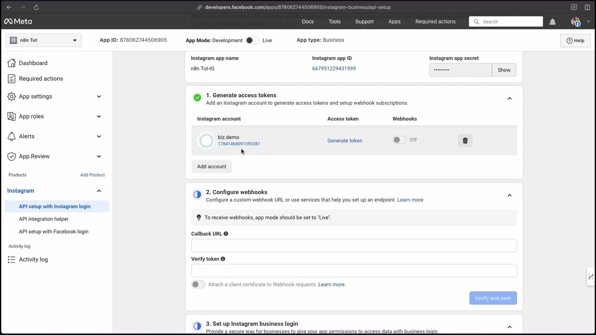 The image displays the Meta for Developers dashboard, specifically the 'API setup with Instagram login' section for an app named 'n8n Tut'. The main panel is titled 'Instagram API setup' and shows three collapsible sections: '1. Generate access tokens', '2. Configure webhooks', and '3. Set up Instagram business login'. Section 1 is expanded, showing an 'Instagram account' field with 'biz.demo' and an associated ID '1784146891393281', along with 'Generate token' and 'Webhooks' toggles. Section 2 is partially visible, showing a 'Callback URL' field. The interface features a left-hand navigation menu with options like 'Dashboard', 'App settings', 'App roles', 'Alerts', 'App Review', and 'Products', with 'Instagram' and its sub-options 'API setup with Instagram login' and 'API integration helper' highlighted. The top bar includes 'Docs', 'Tools', 'Support', 'Apps', 'Required actions', and a search bar.