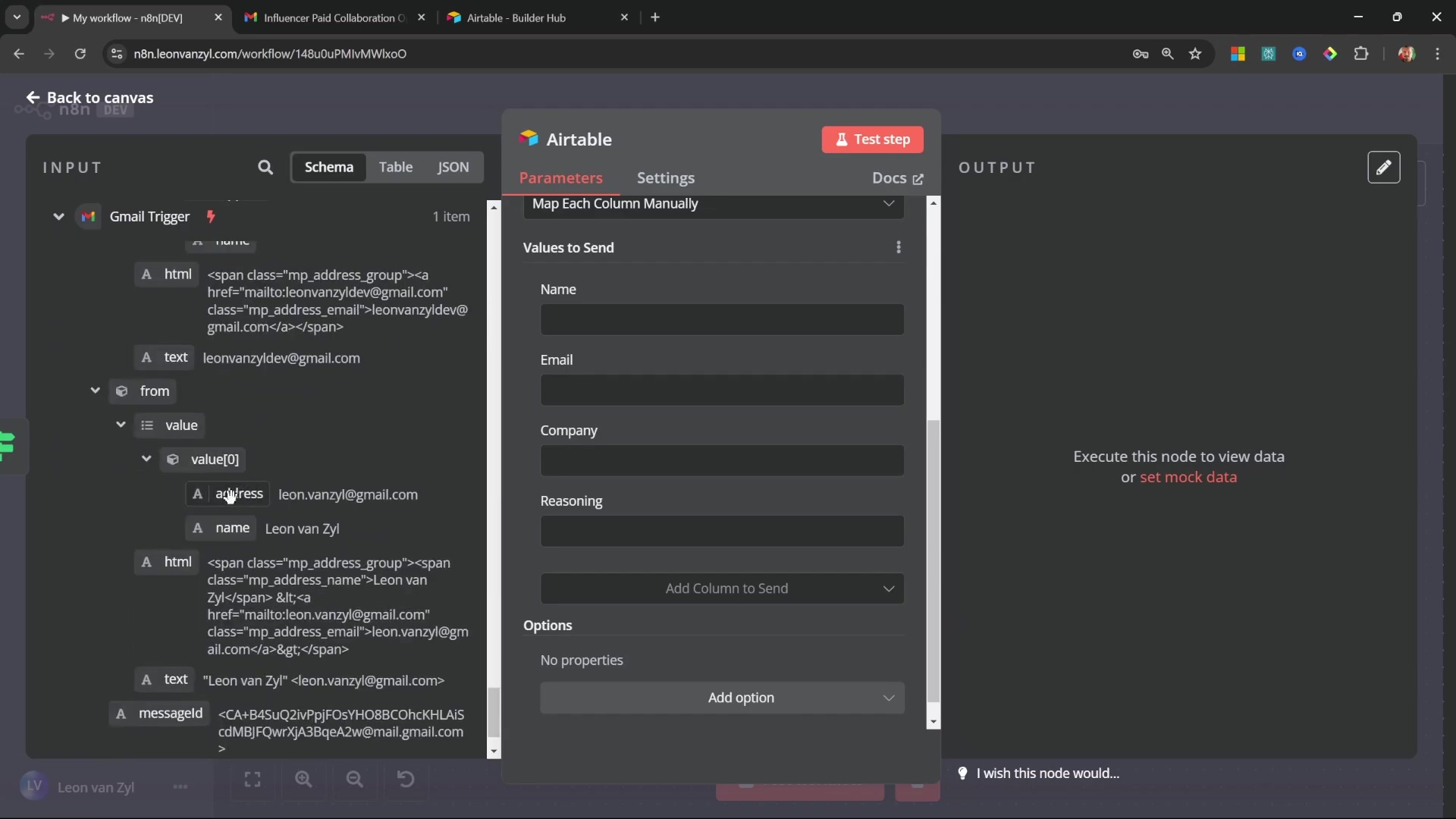 N8N Airtable node mapping data fields