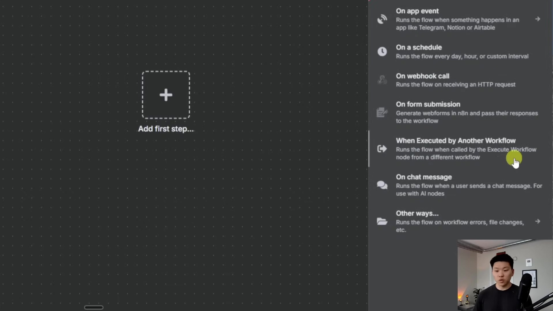 The image shows a software interface for configuring an "Email Agent" within a workflow automation tool. The main panel is titled "Email Agent" and has tabs for "Parameters", "Settings", and "Docs". The "Parameters" tab is currently selected. Below the tabs, there's a text field labeled "Description" with the text "all this tool to get a random color. The input should be a string with comma separated names of colors to exclude.". There's also a section explaining that "This tool will call the workflow you define, below and look in the last node for the response." and that "The workflow needs to start with an Execute Workflow Trigger". Further down, there are fields for "Source" (set to "Database") and "Workflow" (set to "From list" and "Sub Agent"). A note explains that "This sub-workflow is set up to receive all input data, without specific inputs the Agent will not be able to pass data to this tool. You can define specific inputs in the sub-workflow's trigger.". On the left, there's a "No input data yet" message and an "Execute previous nodes" button. On the right, there's a section for "OUTPUT" which states "Output will appear here once the parent node is run". A person is visible in the bottom right corner of the screen.
Crucially, the sub-workflow must be configured to start with an 'Execute Workflow Trigger'. This ensures it can receive data when called by another workflow.
![The image displays a software interface, likely a workflow automation tool, with a large central area for adding steps and a right sidebar listing various trigger options. The central area shows a large plus icon with the text "Add first step...". The right sidebar, titled "Add first step", lists several options for initiating a workflow: "On app event", "On schedule", "On webhook call", "On form submission", "When Executed by Another Workflow", and "On chat message". Each option includes a brief description of its function. A person is visible in the bottom right corner of the screen, looking at the interface.