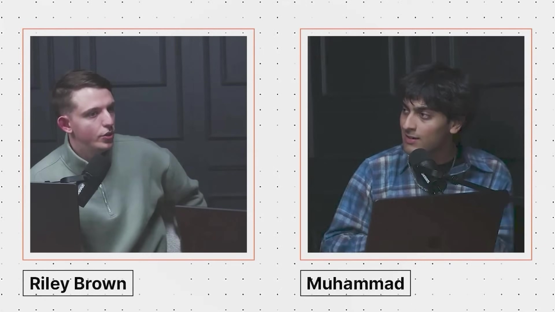 The image features two individuals, Riley Brown and Muhammad, framed side-by-side against a dark, textured background. Both are looking towards each other, engaged in conversation, with microphones positioned in front of them. Riley Brown, on the left, is wearing a light green long-sleeved shirt. Muhammad, on the right, is wearing a plaid shirt. Below each person's frame, their name is displayed in a white box with an orange border: 'Riley Brown' on the left and 'Muhammad' on the right. The overall composition suggests a podcast or interview setting.