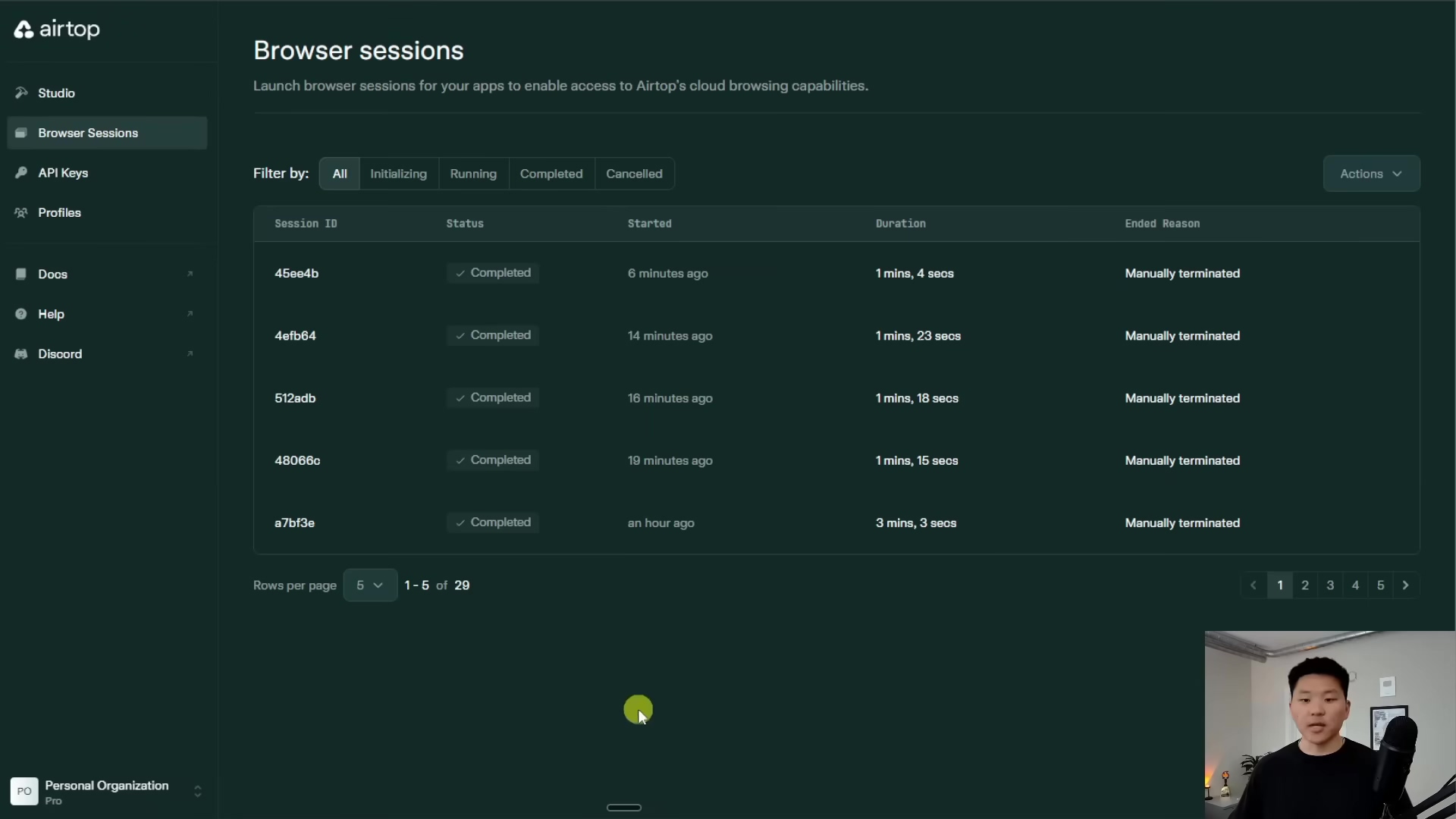 The image displays the 'Browser sessions' dashboard of the Airtop platform. The left sidebar shows navigation options including 'Studio', 'Browser Sessions', 'API Keys', 'Profiles', 'Docs', 'Help', and 'Discord'. The main content area lists various browser sessions with columns for 'Session ID', 'Status', 'Started', 'Duration', and 'Ended Reason'. Several sessions are listed, all showing 'Completed' status with varying durations and 'Manually terminated' as the reason. A filter bar at the top allows filtering by 'All', 'Initializing', 'Running', 'Completed', and 'Cancelled'. A 'Rows per page' dropdown is visible at the bottom, showing '5' selected out of '1-5 of 29'.