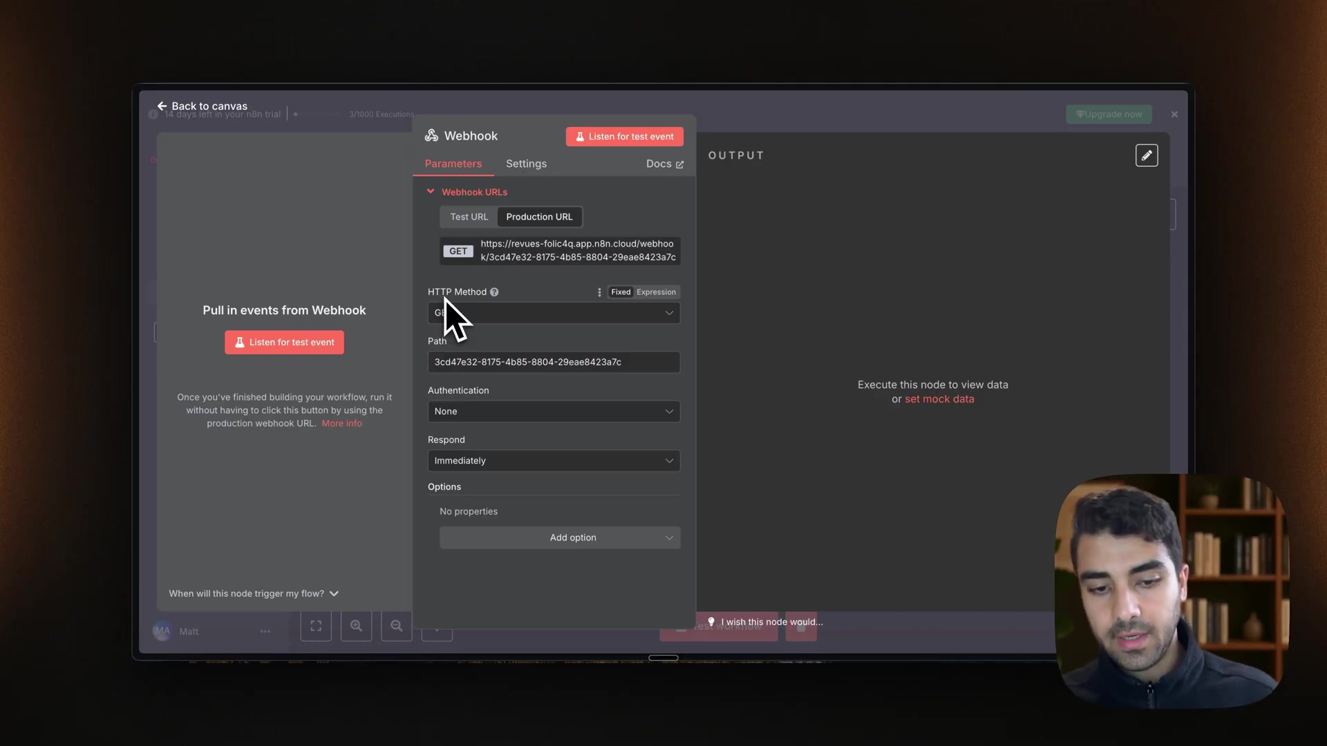 n8n Webhook configuration with test event input