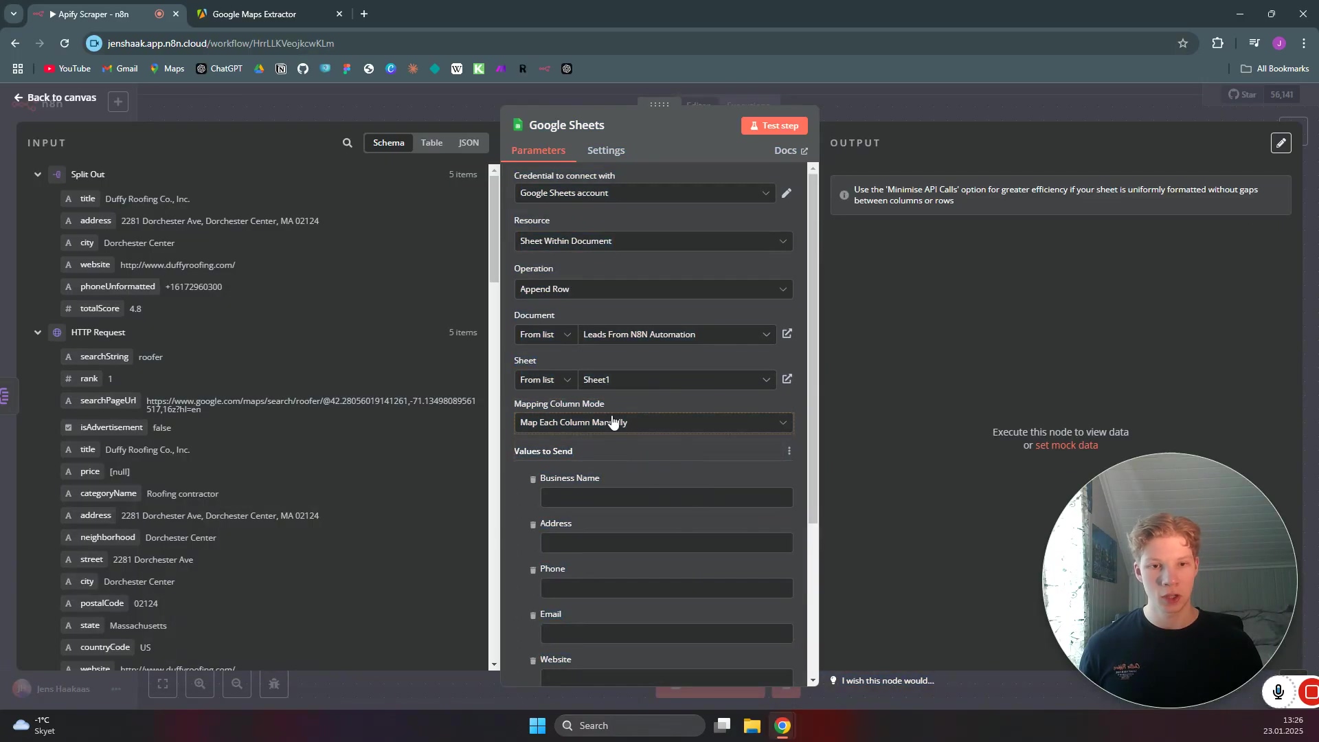 The image shows an N8N workflow interface, now with a 'Google Sheets' node active in the center. The 'INPUT' panel on the left displays data from a 'Split Out' node and an 'HTTP Request', including fields like 'title', 'address', 'city', 'website', 'phoneUnformatted', and 'totalScore'. The 'Google Sheets' node's 'Parameters' tab is open, showing configurations for 'Credential to connect with Google Sheets account', 'Resource' set to 'Sheet With Document', 'Operation' set to 'Append Row', 'Document' from 'N8N Automation', and 'Sheet' from 'Sheet1'. Below, 'Mapping Column Mode' is set to 'Map Each Column Manually', and 'Values to Send' lists fields like 'Business Name', 'Address', 'Phone', 'Email', and 'Website'. A small video overlay of a person speaking is in the bottom center. The top bar shows browser tabs for 'Apify Scraper - n8n' and 'Google Maps Extractor'.