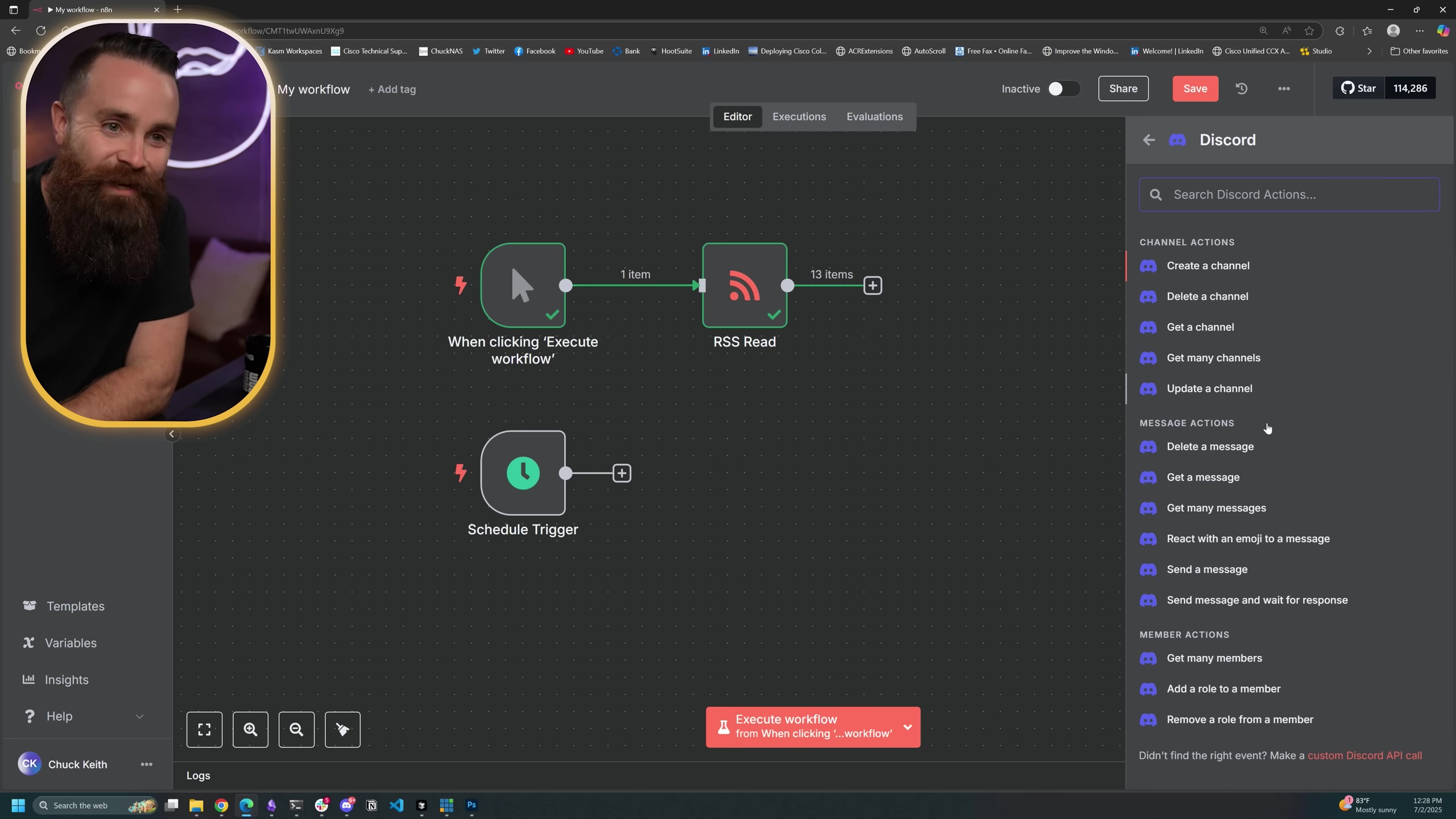The image displays the n8n workflow editor interface with a man, presumably the presenter, visible on the left side. The main area shows a workflow with two nodes: 'When clicking 'Execute workflow'' and 'RSS Read', connected by an arrow. Below these, there's an unconnected 'Schedule Trigger' node. On the right, a 'Discord' panel is open, listing 'CHANNEL ACTIONS', 'MESSAGE ACTIONS', and 'MEMBER ACTIONS' with various options like 'Create a channel', 'Delete a message', and 'Add a role to a member'. The top bar includes navigation elements like 'My workflow', '+ Add tag', 'Editor', 'Executions', 'Evaluations', 'Inactive', 'Share', 'Save', and a star icon with '114,286'. The bottom left corner shows 'Chuck Keith' and 'Insights', while the bottom bar displays 'Logs' and various application icons.