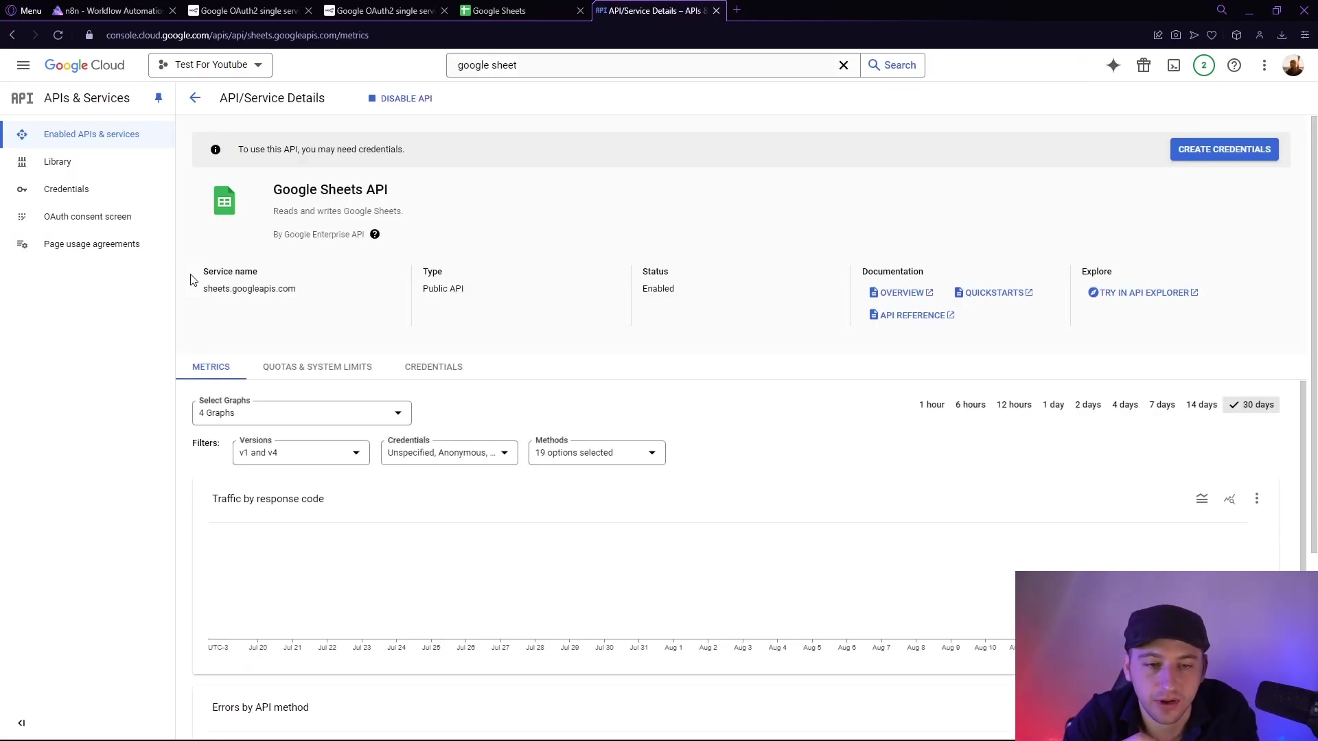 The image shows the Google Cloud console interface, specifically the 'API/Service Details' page for the Google Sheets API. The top left navigation includes 'Enabled APIs & services', 'Library', 'Credentials', 'OAuth consent screen', and 'Page usage agreements'. The main content area displays 'Google Sheets API' with a description 'Reads and writes Google Sheets' and a 'CREATE CREDENTIALS' button. Below this, there are 'METRICS', 'QUOTAS & SYSTEM LIMITS', and 'CREDENTIALS' tabs. A graph showing 'Errors by API method' is visible at the bottom. The man from the video is still visible in the bottom right corner, observing the screen.
