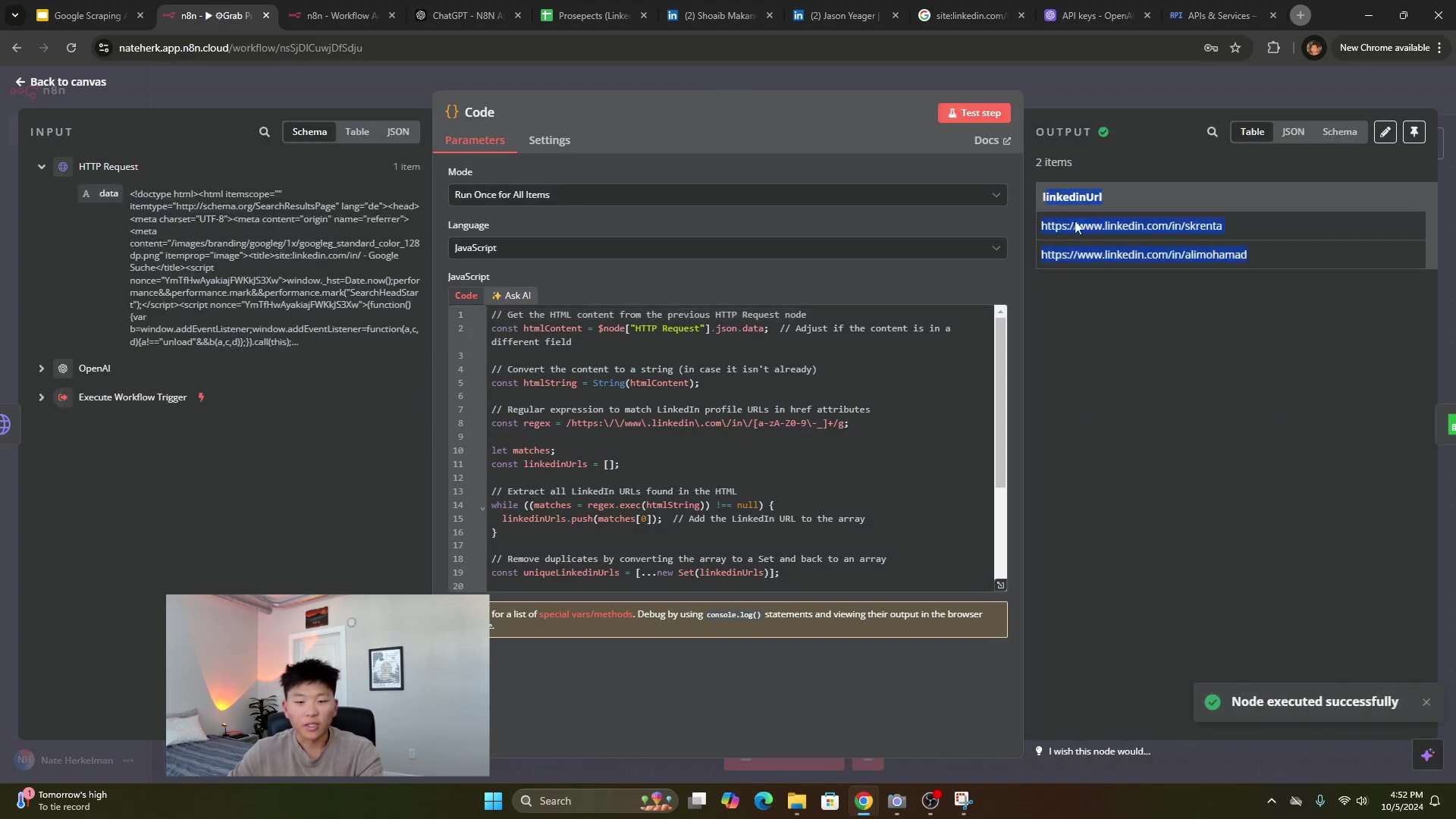 The image shows an n8n workflow interface, specifically a 'Code' node with its parameters and output. The left panel displays a hierarchical view of nodes including 'HTTP Request', 'OpenAI', and 'Execute Workflow Trigger'. The central panel is focused on the 'Code' node, showing tabs for 'Parameters', 'Settings', and 'Docs'. The 'Parameters' tab is selected, displaying 'Mode' as 'Run Once for All Items' and 'Language' as 'JavaScript'. Below, a JavaScript code snippet is visible, containing comments and code related to extracting LinkedIn URLs using regular expressions. The right panel shows the 'Output' of the 'Code' node, with '2 items' and two LinkedIn URLs listed under 'linkedinUrl'. A green checkmark indicates 'Node executed successfully'. In the bottom left, a picture-in-picture window shows the video presenter looking at the screen. The taskbar at the bottom displays various application icons and the system clock.