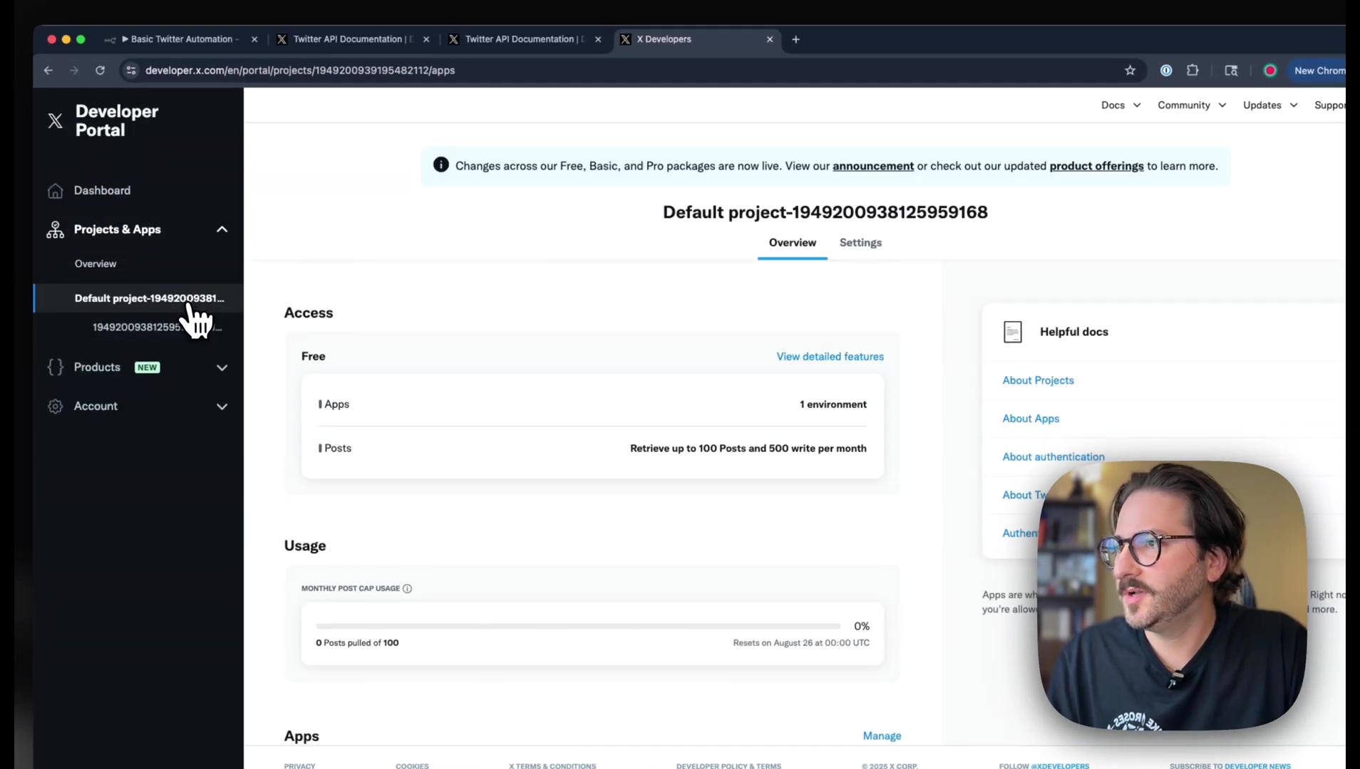 X Developer Portal Projects & Apps dashboard
