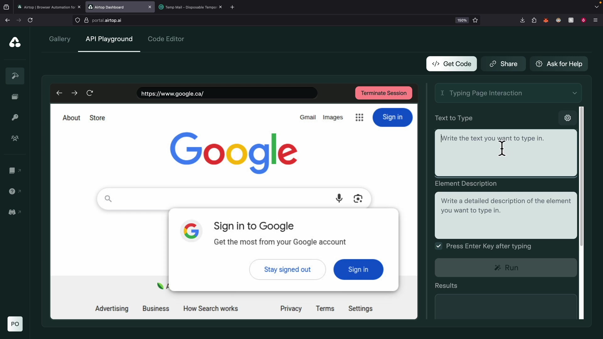 Airtop API Playground with Google Search