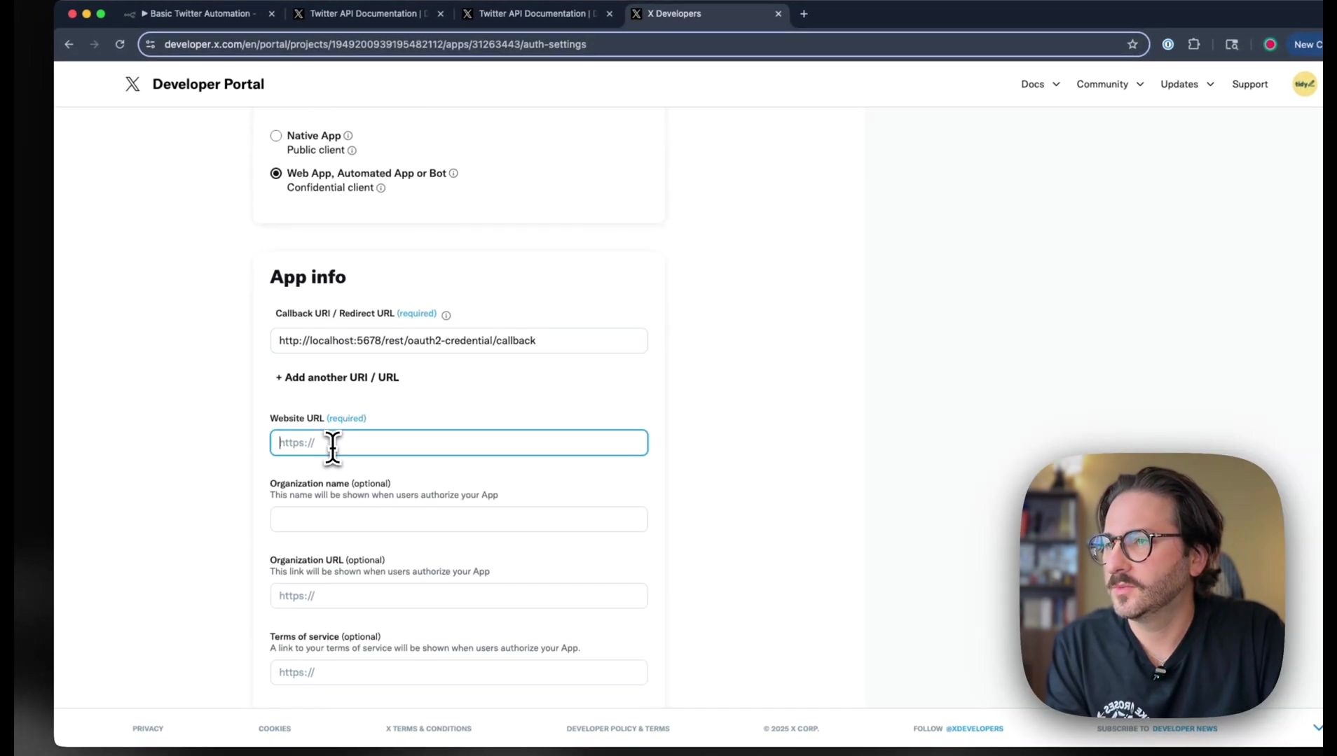 X Developer Portal app info with Callback URL and Website UR