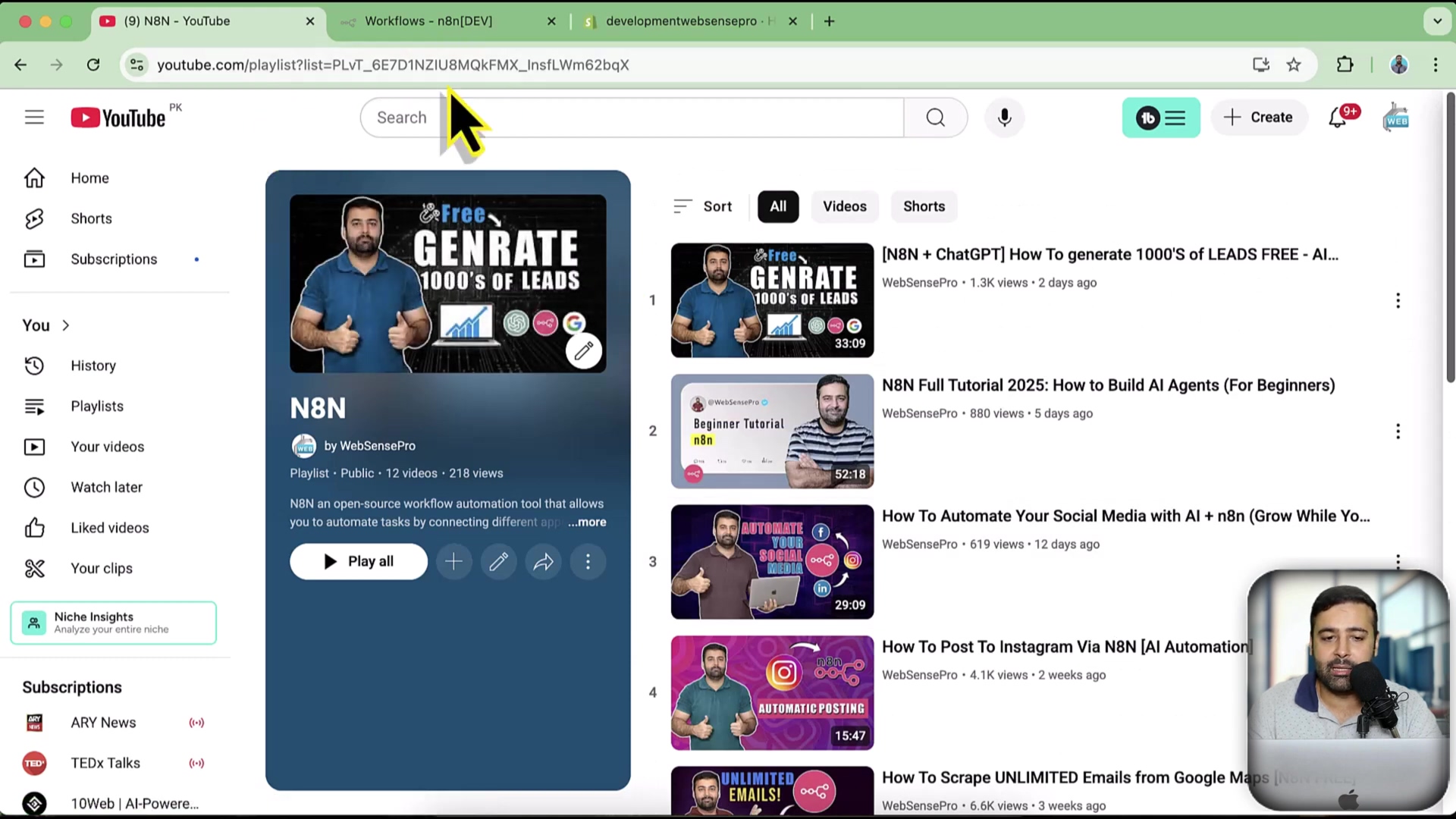 N8N YouTube playlist demonstrating AI agents and lead genera