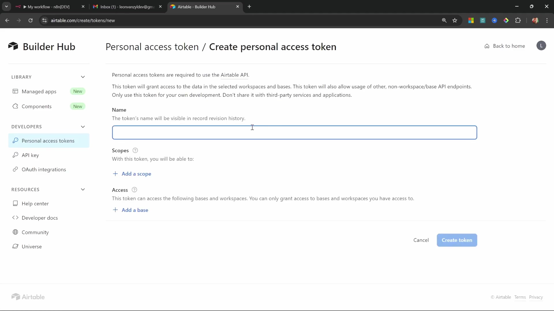 Airtable Builder Hub creating a personal access token
