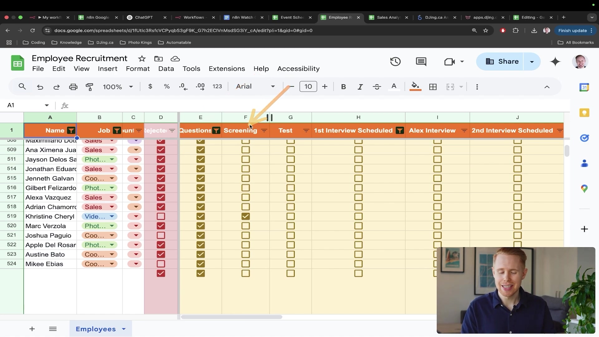 Google Sheets employee recruitment with checkboxes
