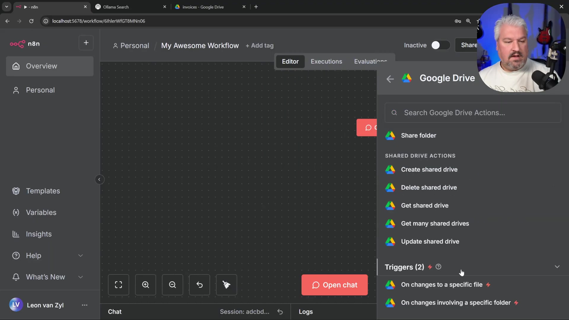 n8n workflow editor showing Google Drive integration options