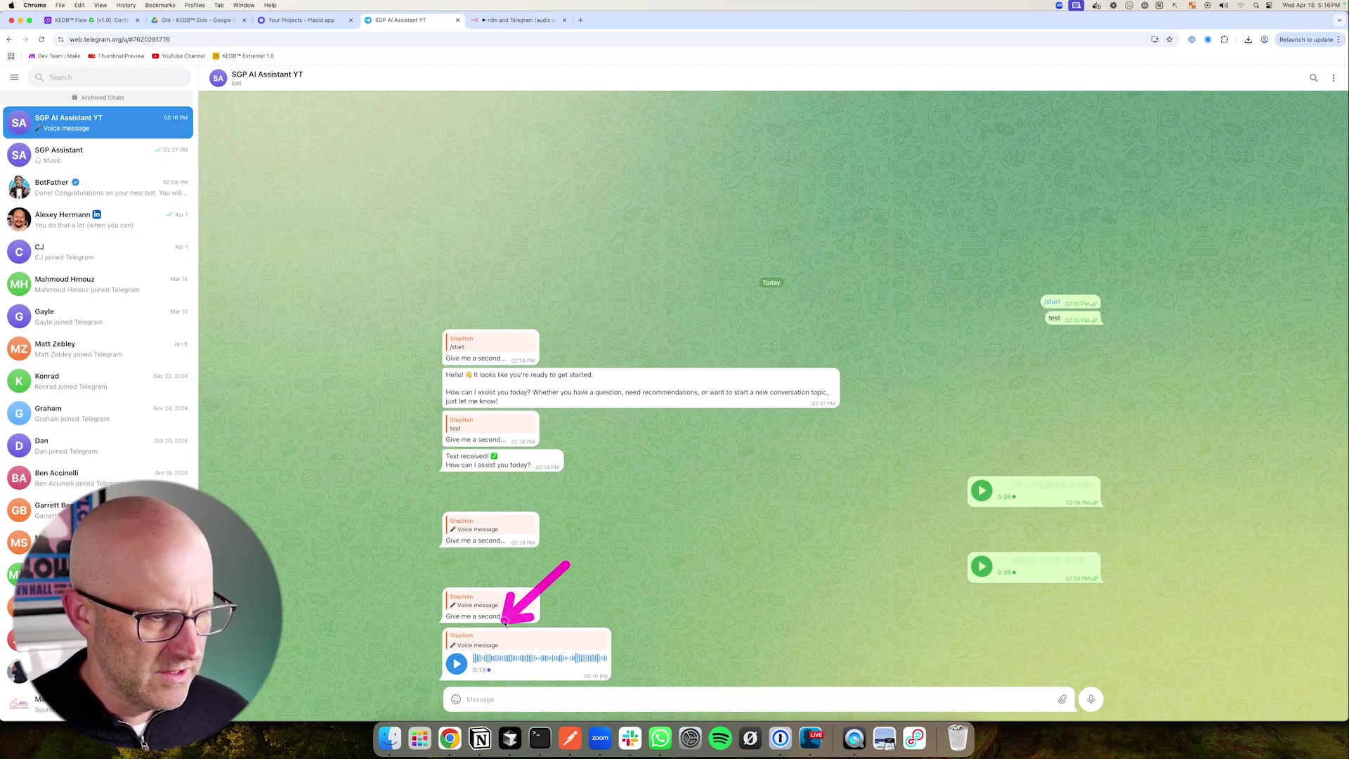 The image displays a Telegram chat interface on a desktop, with a person's face visible in the bottom left corner. The chat shows a conversation with 'SGP AI Assistant YT' and 'BotFather'. The main focus is on a series of voice messages exchanged with 'SGP AI Assistant YT'. An arrow points to a voice message bubble that clearly shows an audio waveform, indicating proper audio playback. Other voice messages also display waveforms. The person in the bottom left is looking at the screen, appearing engaged with the content.