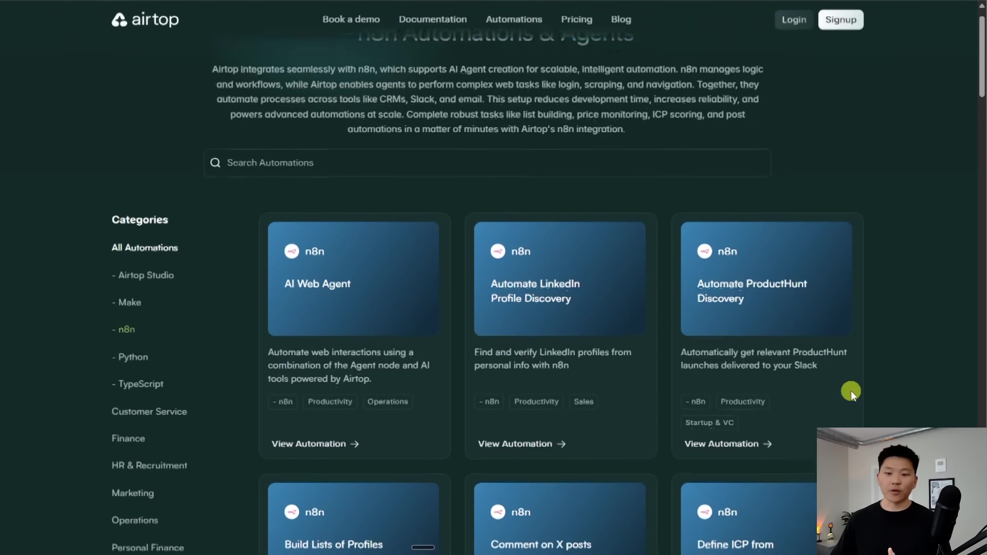 The image displays the Airtop website, featuring a clean, modern design with a dark green navigation bar at the top and a light gray background for the main content. The navigation bar includes 'Book a demo', 'Documentation', 'Automations', 'Pricing', 'Blog', 'Login', and 'Signup'. The main section highlights 'n8n Automations & Agents' and explains how Airtop integrates with n8n for AI agent creation, intelligent automation, and web actions. Below this, there's a 'Search Automations' bar and a grid of automation categories and examples. Visible categories include 'All Automations', 'Airtop Studio', 'Make', 'n8n', 'Python', 'TypeScript', 'Customer Service', 'Finance', 'HR & Recruitment', and 'Marketing'. Examples of automations include 'n8n AI Web Agent', 'Automate LinkedIn Profile Discovery', and 'Automate ProductHunt Discovery', each with a 'View Automation' button.