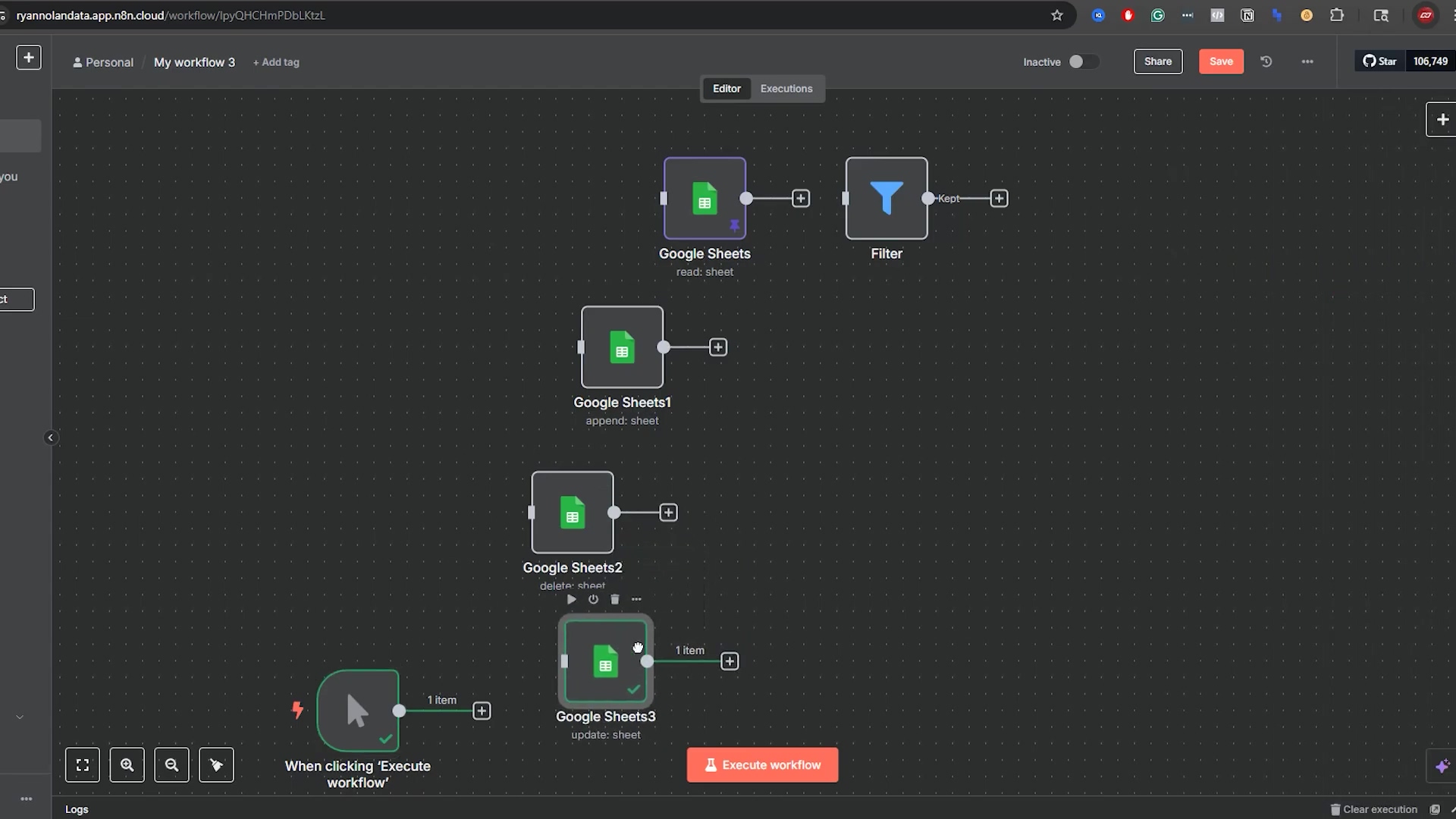 The image shows an n8n workflow interface with a dark theme. The main canvas displays several interconnected nodes: 'Google Sheets' (read: sheet), 'Filter', 'Google Sheets1' (append: sheet), 'Google Sheets2' (delete: sheet), and 'Google Sheets3' (update: sheet). A 'When clicking 'Execute workflow'' node is at the bottom left, connected to 'Google Sheets3'. On the right side, a panel titled 'Google Sheets' is open, displaying a search bar 'Search Google Sheets Actions...' and a list of actions. The 'SHEET WITHIN DOCUMENT ACTIONS' section is visible, with options like 'Append or update row in sheet', 'Append row in sheet', 'Clear sheet', 'Create sheet', 'Delete sheet', 'Delete rows or columns from sheet', 'Get row(s) in sheet', and 'Update row in sheet'. The 'Update row in sheet' option is highlighted in green, indicating it's selected or active. The top bar shows 'Share', 'Save', and a star icon with '100,749'.