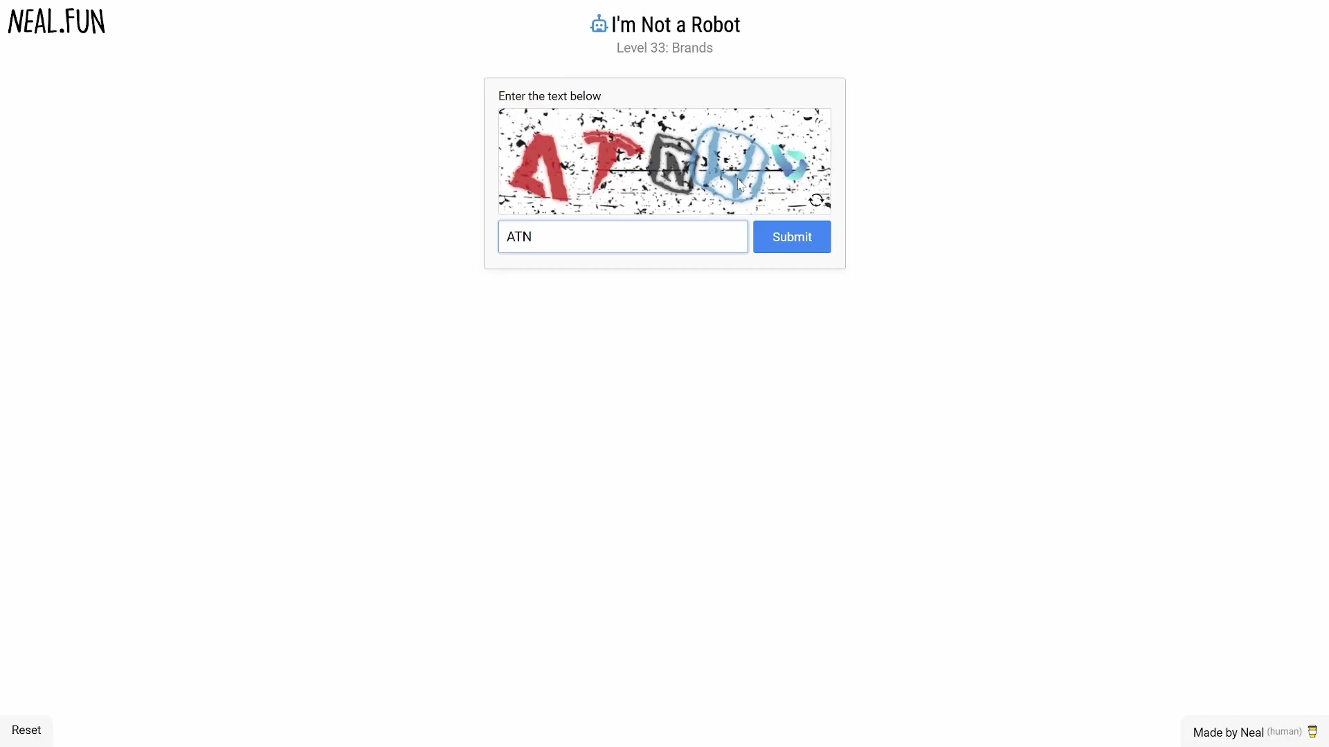 Level 33 brand challenge input field with "ATN"
