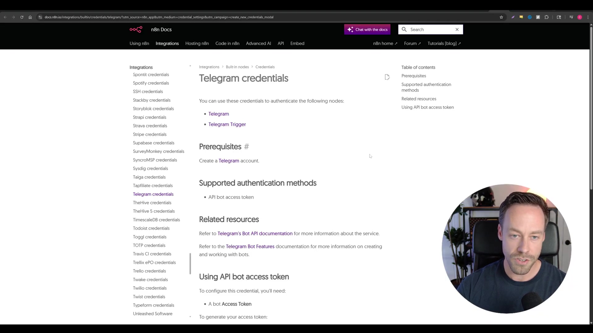n8n documentation for Telegram credentials configuration