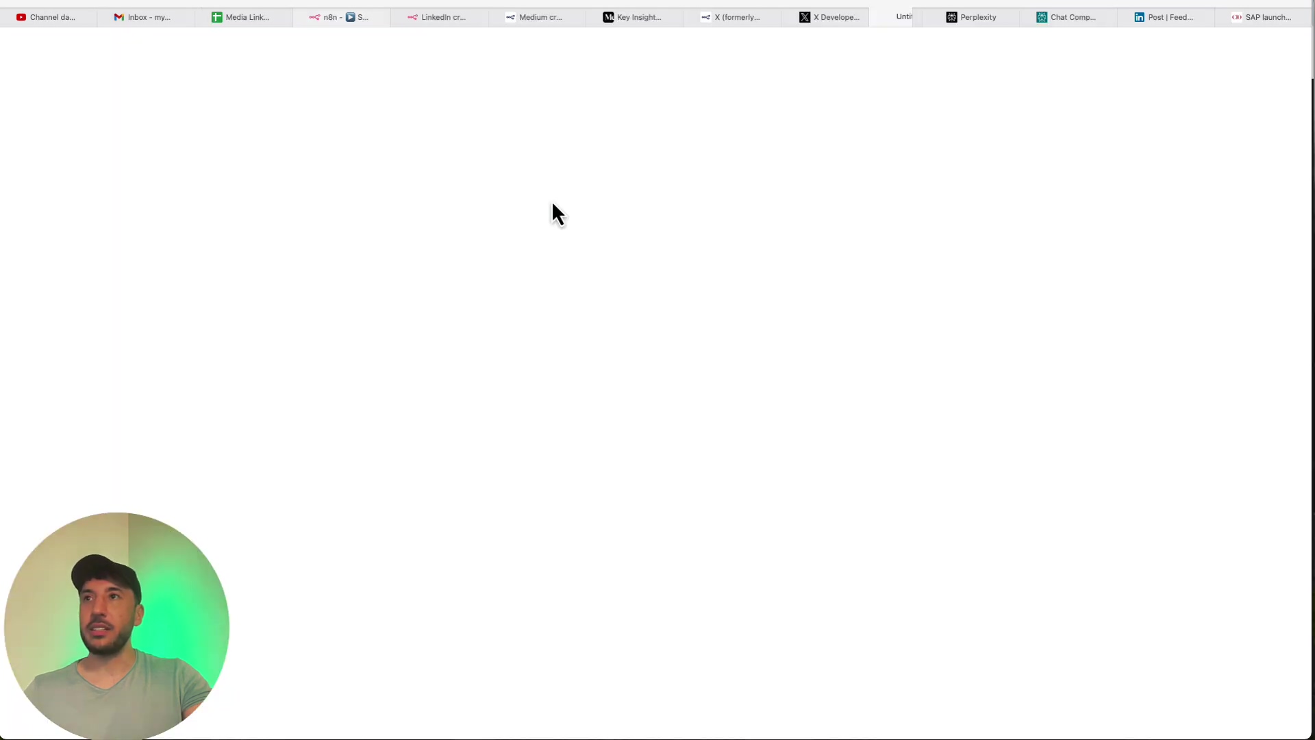 The image shows a blank white screen, likely indicating a transition or loading state within the n8n workflow or a connected application. The top bar still displays various open tabs, including 'Channel dashboar...', 'Inbox - mygootwork...', 'Media Links - Goo...', 'n8n -', 'Social M...', 'LinkedIn cr...', 'Medium cr...', 'AI Insight...', 'X (formerly...', 'n8n', 'Perplexity', 'Chat Completions...', 'Post | Feed | Linke...', and 'SAP launch...'. A person is visible in the bottom left corner, looking towards the screen.