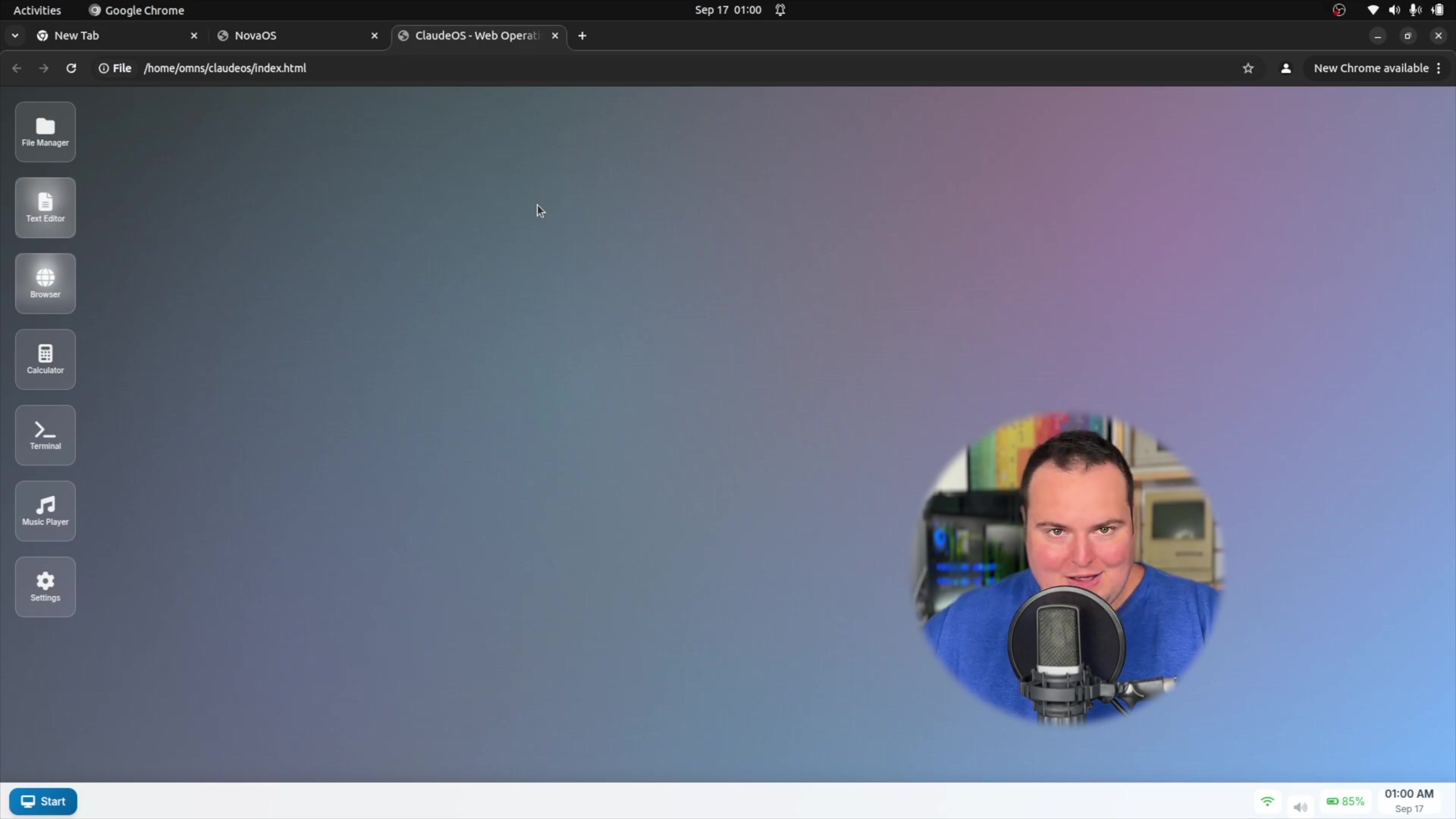 ClaudeOS desktop interface in Google Chrome browser