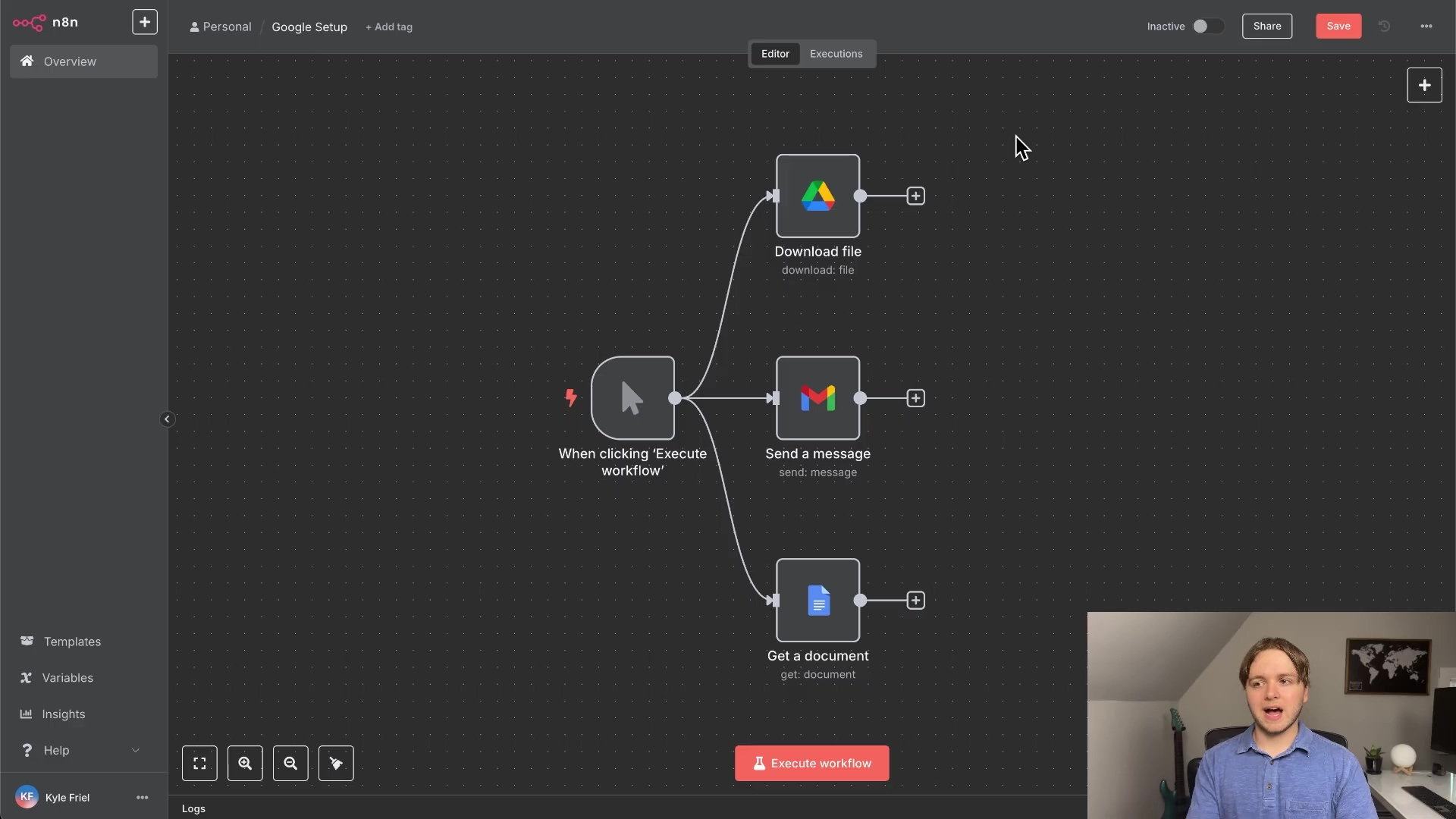 The image displays the n8n workflow editor interface. The main canvas shows a workflow with three connected nodes: 'When clicking 'Execute workflow'', 'Download file', and 'Send a message'. Below 'Send a message' is another node 'Get a document'. The 'When clicking 'Execute workflow'' node has a red lightning bolt icon, indicating an active or triggered state. The top bar contains navigation elements like 'Overview', 'Personal', 'Google Setup', 'Add tag', and buttons for 'Editor', 'Executions', 'Inactive', 'Share', and 'Save'. The left sidebar shows 'Templates', 'Insights', 'Variables', 'Help', and the user's profile 'Kyle Friel'. The background is a dark grey grid pattern.
