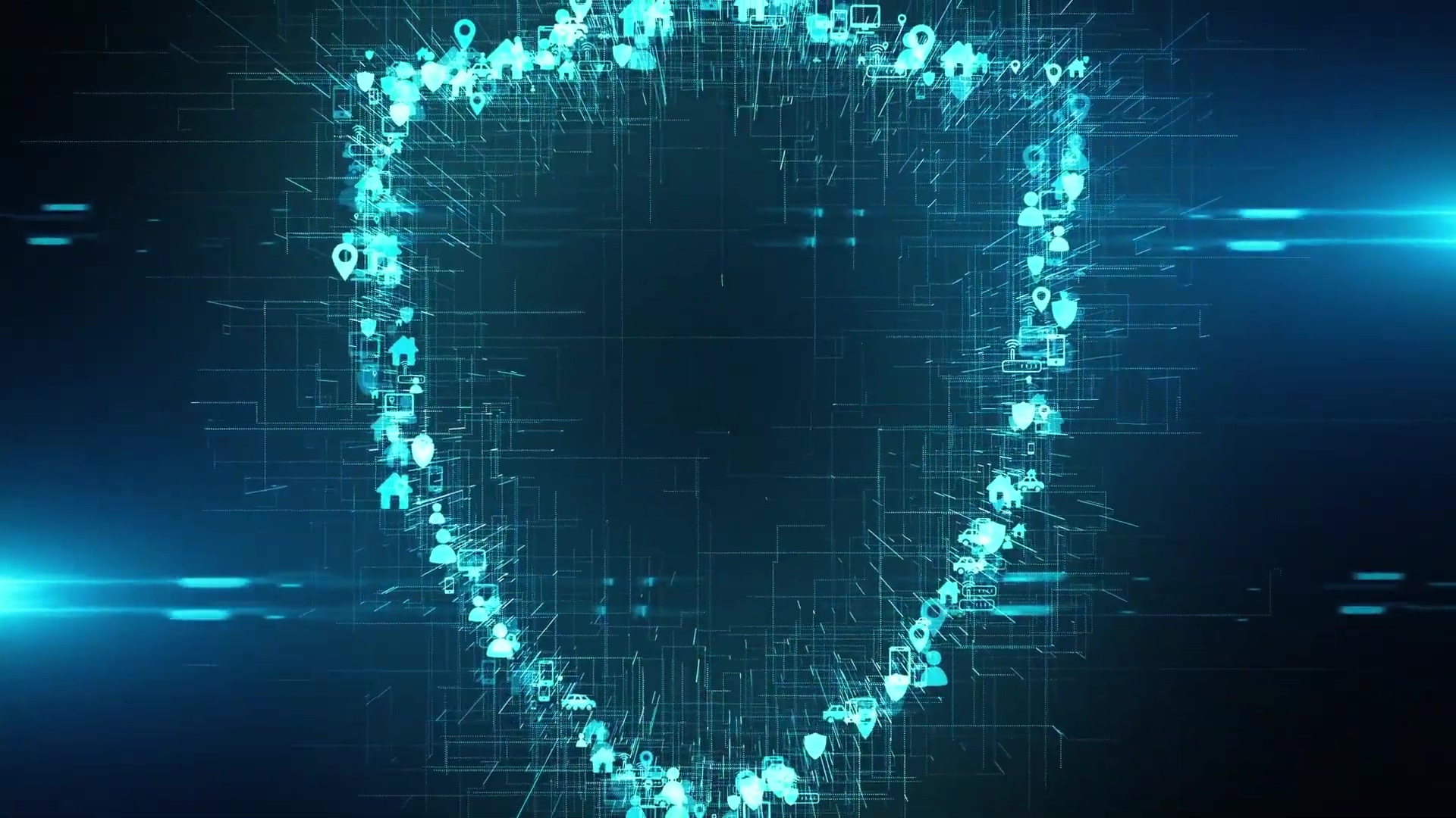The image displays an abstract digital representation of a shield or crest shape, composed of numerous small, glowing blue and cyan icons. These icons include various symbols such as houses, people, location pins, gears, computers, and other generic interface elements, all interconnected by thin, glowing lines. The background is dark blue with faint grid lines and horizontal light streaks, suggesting a digital or network theme. The overall impression is one of security, connectivity, and data protection.