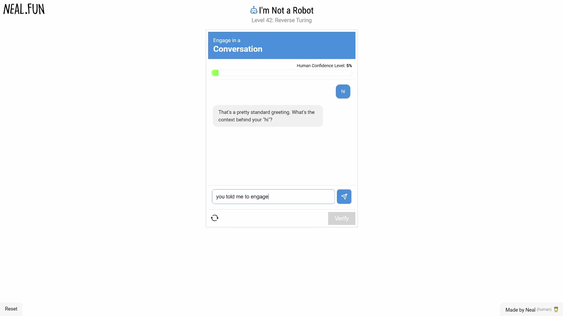 Game interface with 'Human Confidence Level: 5%' and user ty