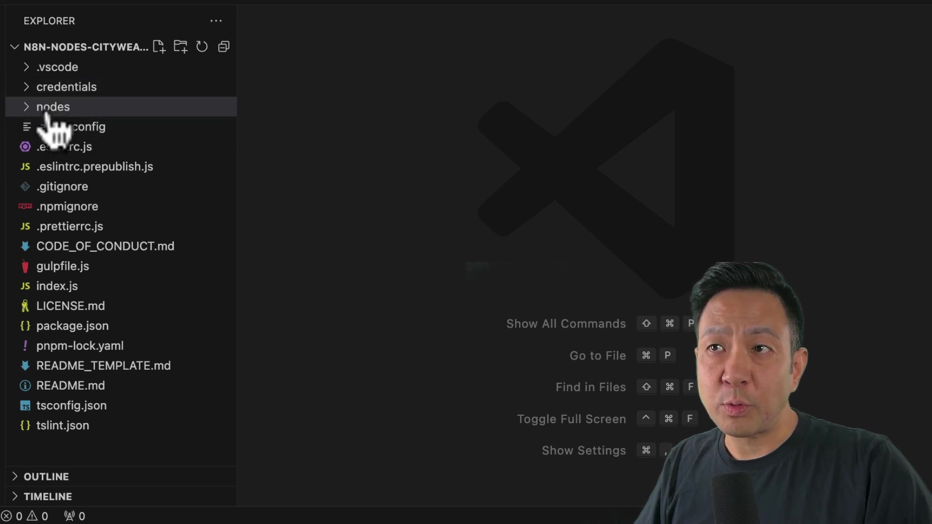 The image shows a file explorer interface, likely from VS Code, displaying the file structure of an n8n custom node project. The directory 'NODES-CITYWEATHER' is visible, with subdirectories including '.vscode', 'credentials', and 'nodes'. Several files are listed, such as '.eslintrc.js', '.eslintignore', 'index.js', 'package.json', and 'README.md'. The presenter is visible in the lower portion of the frame.