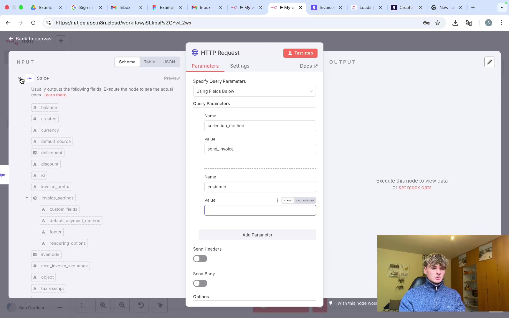 n8n HTTP Request node configuration for creating an invoice
