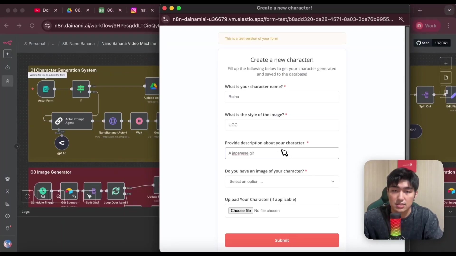 The image displays a web interface for creating a new character within an AI content system. On the left, a workflow diagram with interconnected nodes labeled '01 Character Generation System' and '03 Image Generator' is visible, indicating the process. On the right, a form titled 'Create a new character!' is open, with fields for 'What is your character name?', 'What is the style of the image?', and 'Provide description about your character.'. The 'Character name' field contains 'Raina', 'Style of the image' contains 'UGC', and 'Description' contains 'A japanese girl'. There's also a section 'Do you have an image of your character?' with a dropdown and 'Upload Your Character (if applicable)' with a 'Choose file' button. A 'Submit' button is at the bottom of the form. A speaker is visible in the bottom right corner of the screen, partially obscuring the interface.