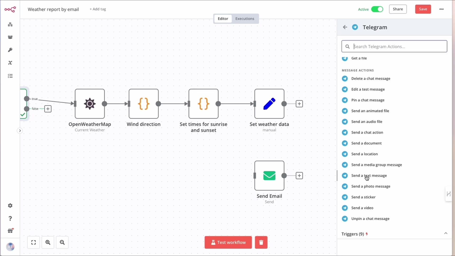 The image shows the n8n workflow editor with a complex automation flow. The main flow starts with a conditional 'true/false' node, leading to 'OpenWeatherMap', 'Wind direction', 'Set times for sunrise and sunset', and 'Set weather data' nodes. An 'Send Email' node is also visible, connected to the main flow. On the right side, a 'Telegram' panel is open, displaying a search bar 'Search Telegram Actions...' and a list of 'MESSAGE ACTIONS' such as 'Delete a chat message', 'Send an animated file', 'Send a text message', 'Send a photo message', etc. Below the actions, 'Triggers (9)' is listed. The workflow is labeled 'Weather report by email' and has 'Active' and 'Share' buttons at the top right.