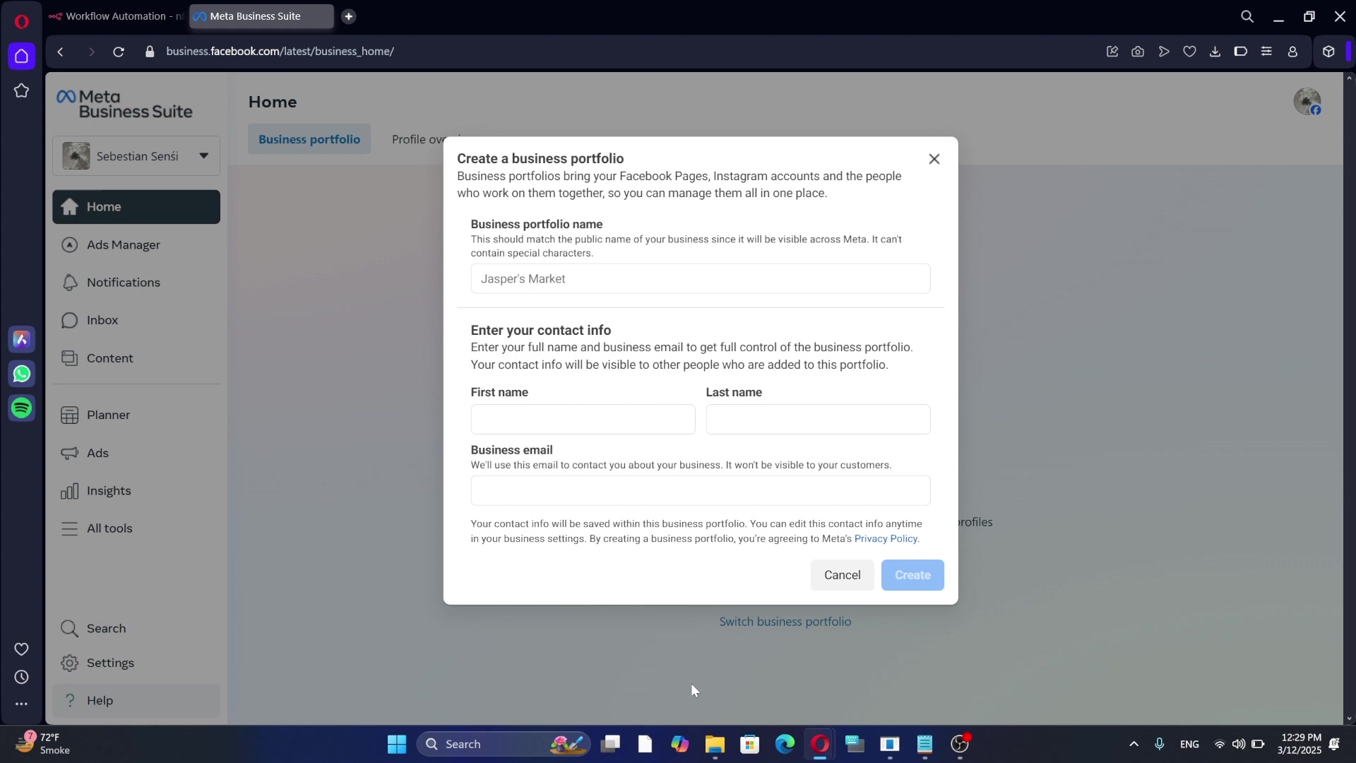 The image displays the Meta Business Suite interface with a pop-up window titled 'Create a business portfolio'. The pop-up explains that business portfolios bring Facebook Pages, Instagram accounts, and people who work on them together. It prompts the user to enter a 'Business portfolio name' (pre-filled with 'Jasper's Market') and 'Enter your contact info' including 'First name', 'Last name', and 'Business email'. Below the input fields, there's a disclaimer about contact information being saved and used for communication. At the bottom of the pop-up, there are 'Cancel' and 'Create' buttons. The background shows the Meta Business Suite dashboard with navigation options like 'Home', 'Ads Manager', 'Notifications', 'Inbox', 'Content', 'Planner', 'Ads', 'Insights', and 'All tools'.