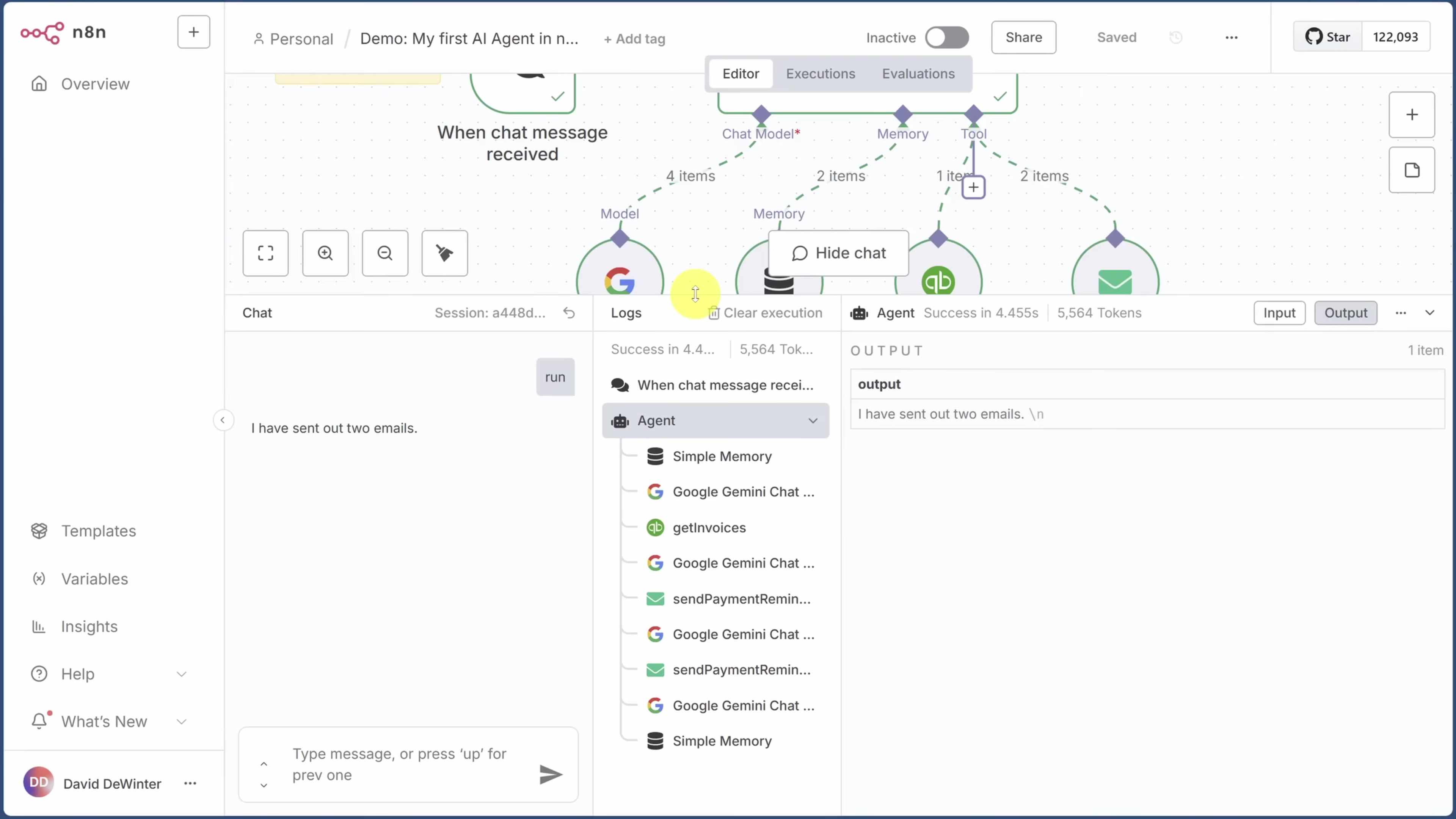 The image shows the n8n workflow editor, displaying a complex workflow with multiple interconnected nodes. The central part of the screen features a canvas with nodes labeled 'When chat message received', 'Chat Model', 'Memory', and 'Tool', among others. Lines connect these nodes, indicating the flow of data or execution. Below the main canvas, there's a 'Chat' panel on the left, showing 'Session: a44d...' and a message 'I have sent out two emails.'. On the right, a 'Logs' panel displays 'Success in 4.4s', '5,564 Tokens', and a detailed list of executed steps under 'OUTPUT', including 'When chat message received', 'Agent', 'Simple Memory', 'Google Gemini Chat', 'getInvoices', 'sendPaymentReminder', and 'Simple Memory'. The 'OUTPUT' section also states 'I have sent out two emails. \n'. At the top, there are navigation elements like 'Personal', 'Demo: My first AI Agent in n...', 'Inactive' toggle, 'Share', 'Saved', and 'Star 122,093'. A sidebar on the left includes 'Overview', 'Templates', 'Variables', 'Insights', 'Help', and 'What's New'.