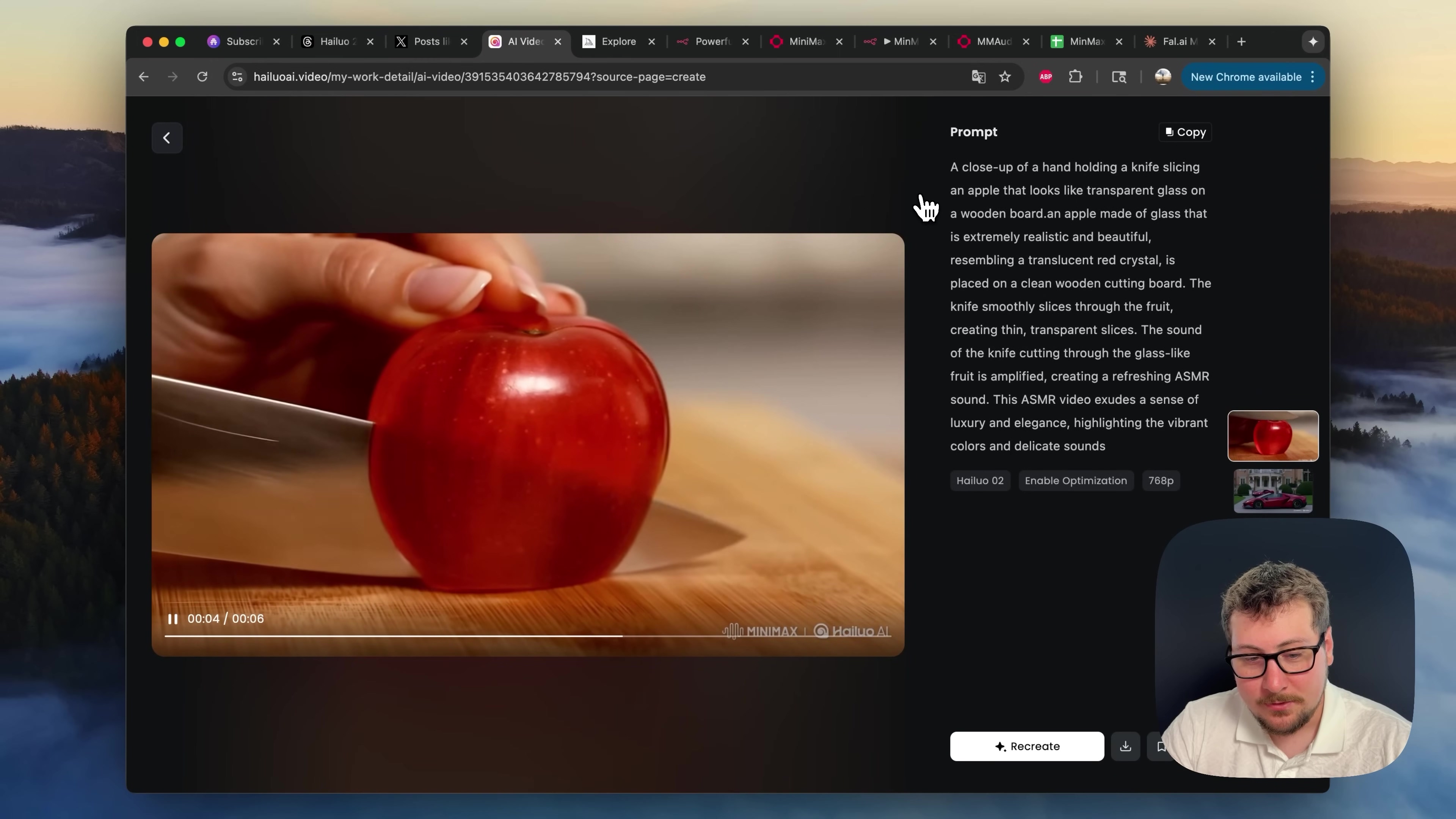 The image displays a web interface for an AI video generation tool, likely Hailuo AI by MiniMax. On the left, a video player shows a close-up of a hand slicing a red apple on a wooden cutting board. The video controls indicate '00:04 / 00:06'. To the right, a 'Prompt' text area contains a detailed description of the desired video content, starting with 'A close-up of a hand holding a knife slicing an apple that looks like transparent glass...'. Below the prompt, there are options like 'Hailuo 02', 'Enable Optimization', and '768p'. A 'Recreate' button is visible at the bottom right. The overall interface is dark-themed with various browser tabs open at the top, indicating multiple active sessions.