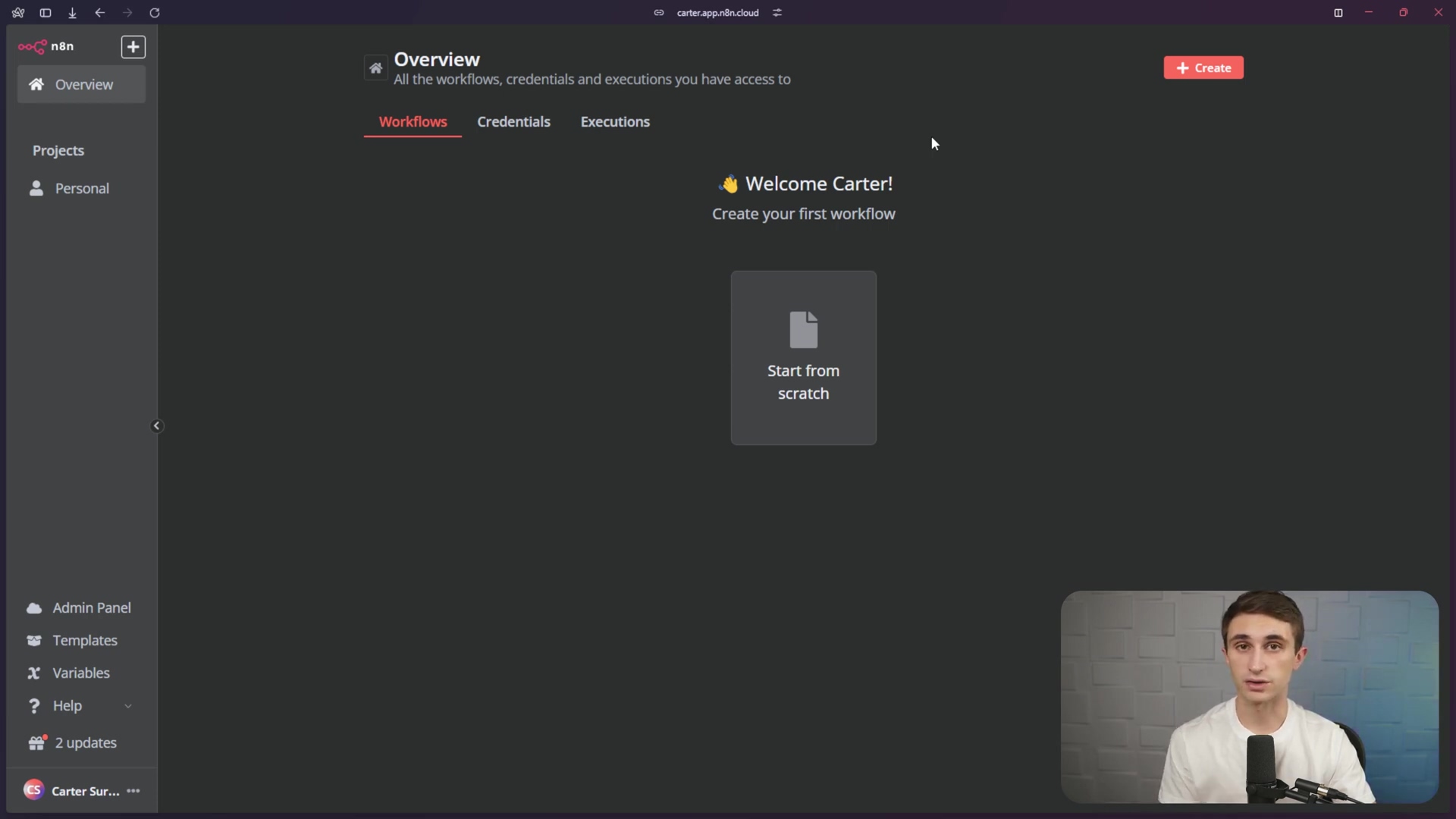 The image displays a dark-themed n8n cloud interface with a sidebar on the left showing navigation options like 'Overview', 'Projects', 'Personal', 'Admin Panel', 'Templates', 'Variables', 'Help', and '2 updates'. The main content area is titled 'Overview' and features 'Workflows', 'Credentials', and 'Executions' tabs. A large button in the center says 'Start from scratch' with an icon. A 'Welcome Carter!' message is visible, prompting the user to create their first workflow. The top bar includes the n8n logo, a plus icon, and a 'Create' button. The bottom left shows 'Carter Sur...' and three dots.