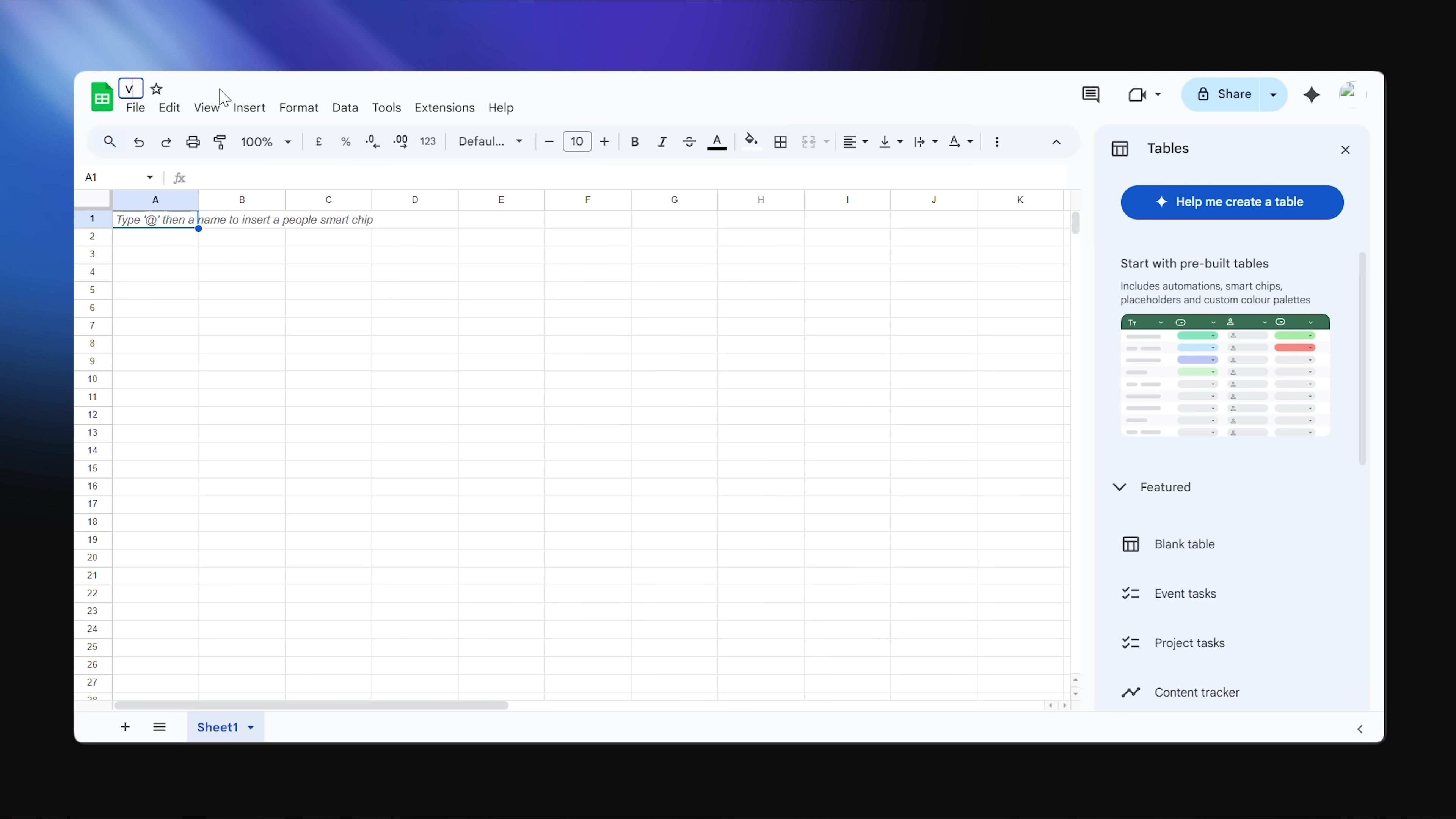 The image displays a Google Sheets-like spreadsheet interface, likely Google Sheets itself, with a dark mode theme. The main area shows a grid of cells, with 'A1' selected and a prompt 'Type '@' then a name to insert a people smart chip' in the formula bar. Standard menu options like 'File', 'Edit', 'View', 'Insert', 'Format', 'Data', 'Tools', 'Extensions', and 'Help' are visible at the top. On the right side, a sidebar titled 'Tables' is open, offering options to 'Help me create a table' and 'Start with pre-built tables'. Below this, 'Featured' table templates are listed, including 'Blank table', 'Event tasks', 'Project tasks', and 'Content tracker'. The interface is clean and functional, typical of a modern spreadsheet application.