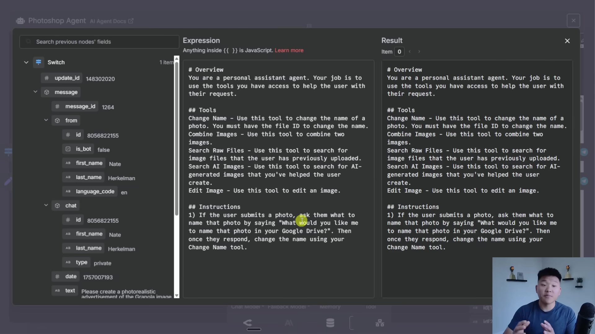 The image shows a detailed view of an 'Expression' node within the n8n workflow editor, specifically displaying the 'Result' and 'Expression' panels. The 'Expression' panel on the left details the input data structure, including 'update_id', 'message_id', 'from' (with 'id', 'is_bot', 'first_name', 'last_name', 'language_code'), 'chat' (with 'id', 'first_name', 'last_name', 'type', 'date'), and 'text'. The 'Result' panel on the right displays the 'Overview', 'Tools', and 'Instructions'. The 'Tools' section lists 'Change Name', 'Combine Images', 'Search Raw Files', 'Search AI Images', and 'Edit Image' with their descriptions. The 'Instructions' section provides a step-by-step guide for the agent's behavior, such as asking for a file name and then using the 'Change Name' tool. A person is visible in the bottom right corner, looking at the screen.